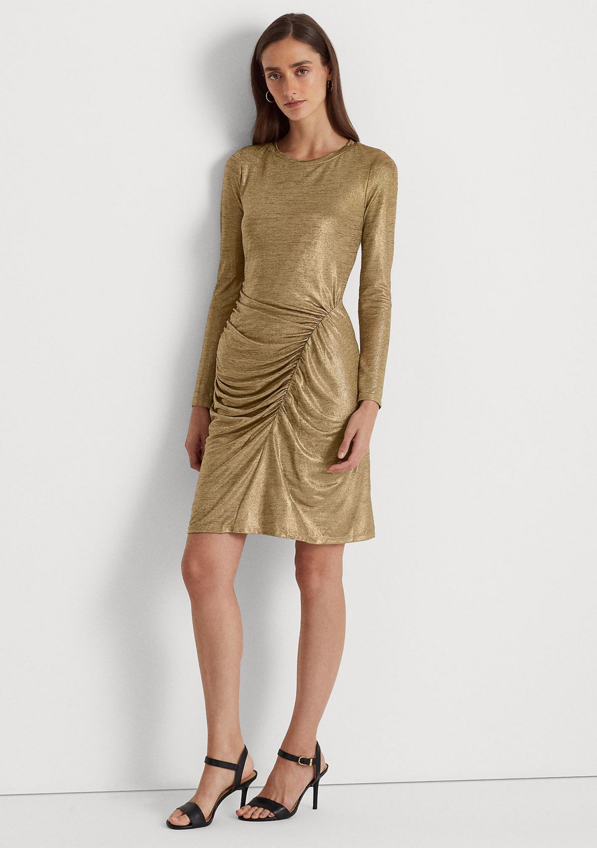 Long Sleeve Side Ruch Solid Foil Jersey Sheath Dress