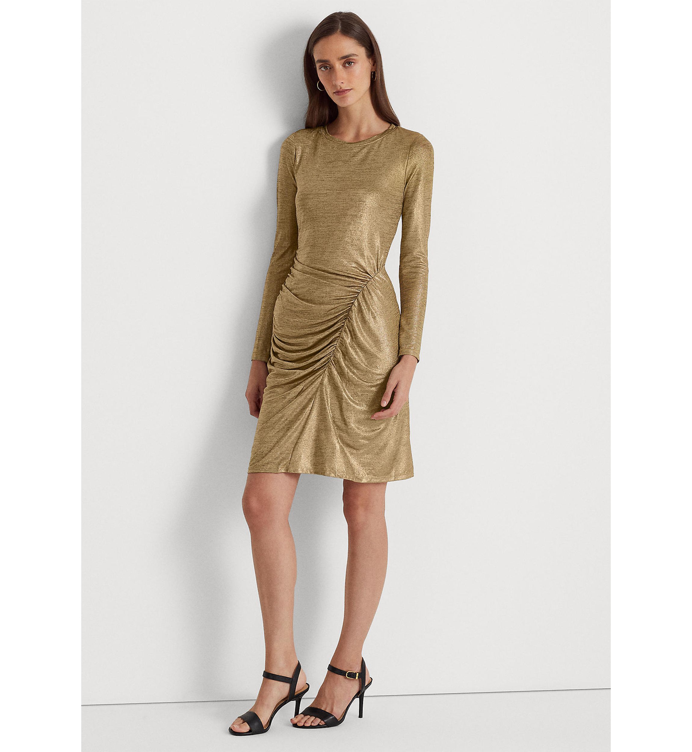 Long Sleeve Side Ruch Solid Foil Jersey Sheath Dress