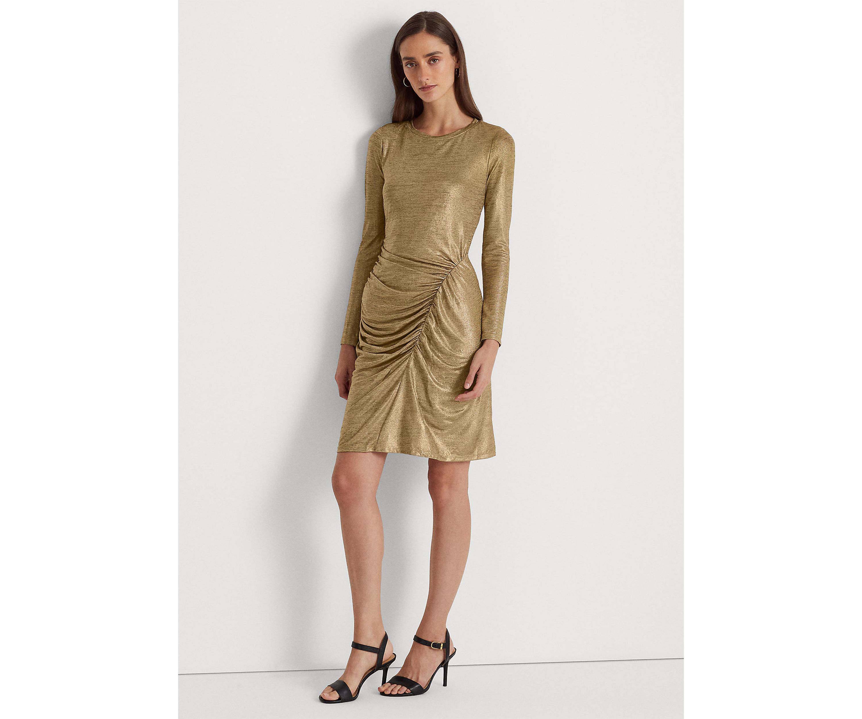 Long Sleeve Side Ruch Solid Foil Jersey Sheath Dress