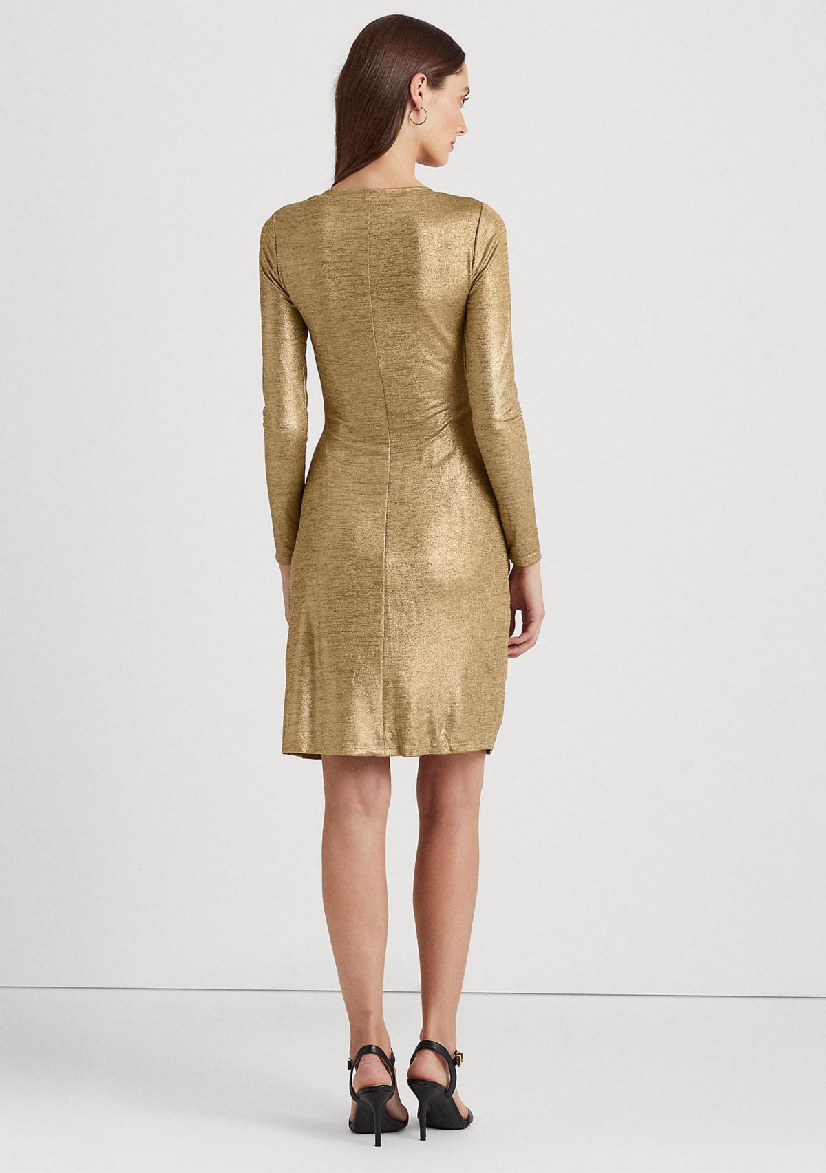 Long Sleeve Side Ruch Solid Foil Jersey Sheath Dress