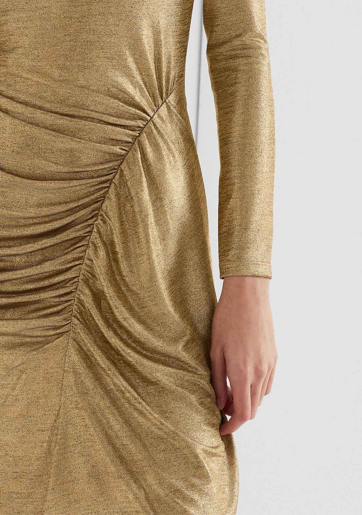 Long Sleeve Side Ruch Solid Foil Jersey Sheath Dress