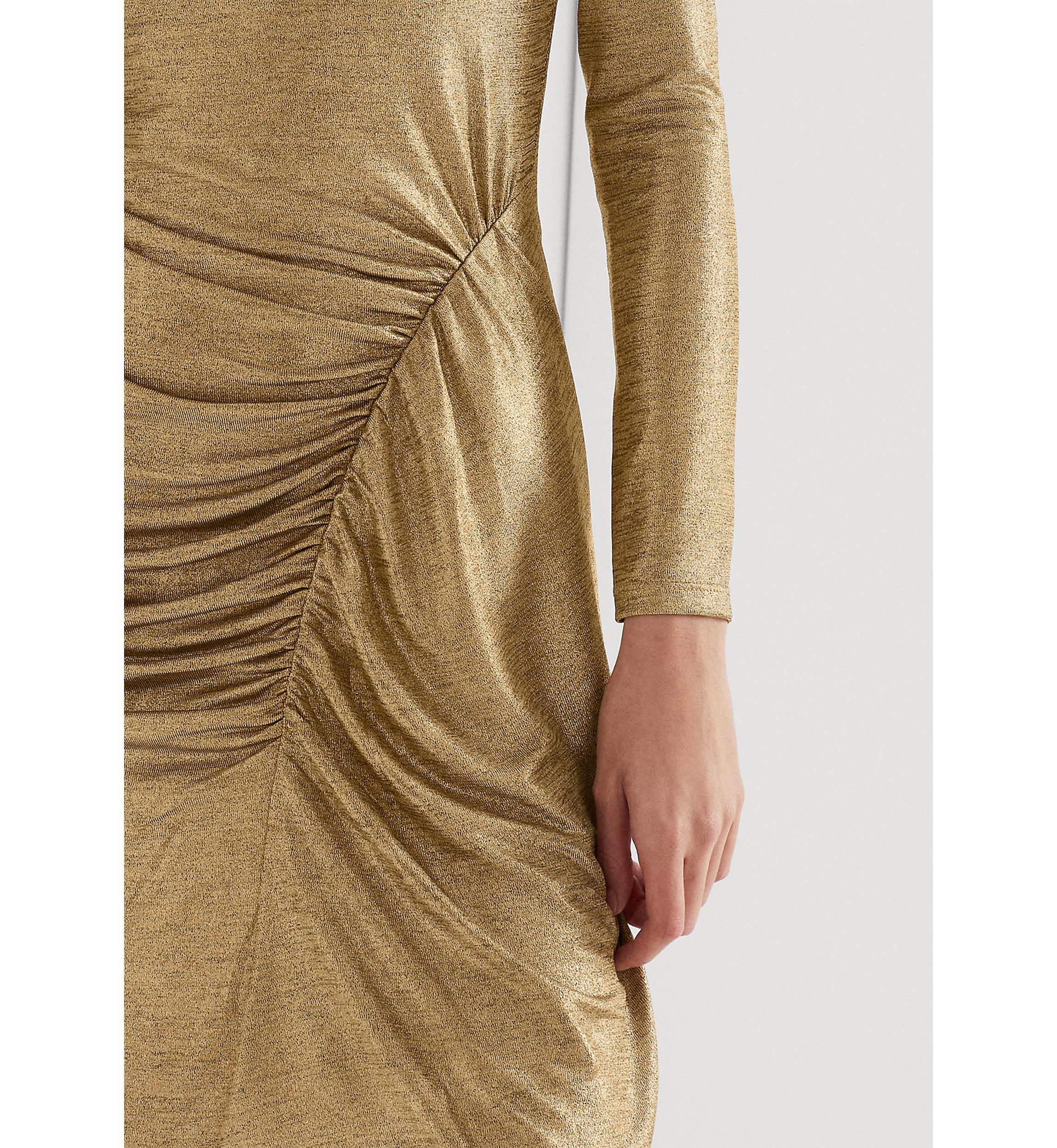 Long Sleeve Side Ruch Solid Foil Jersey Sheath Dress