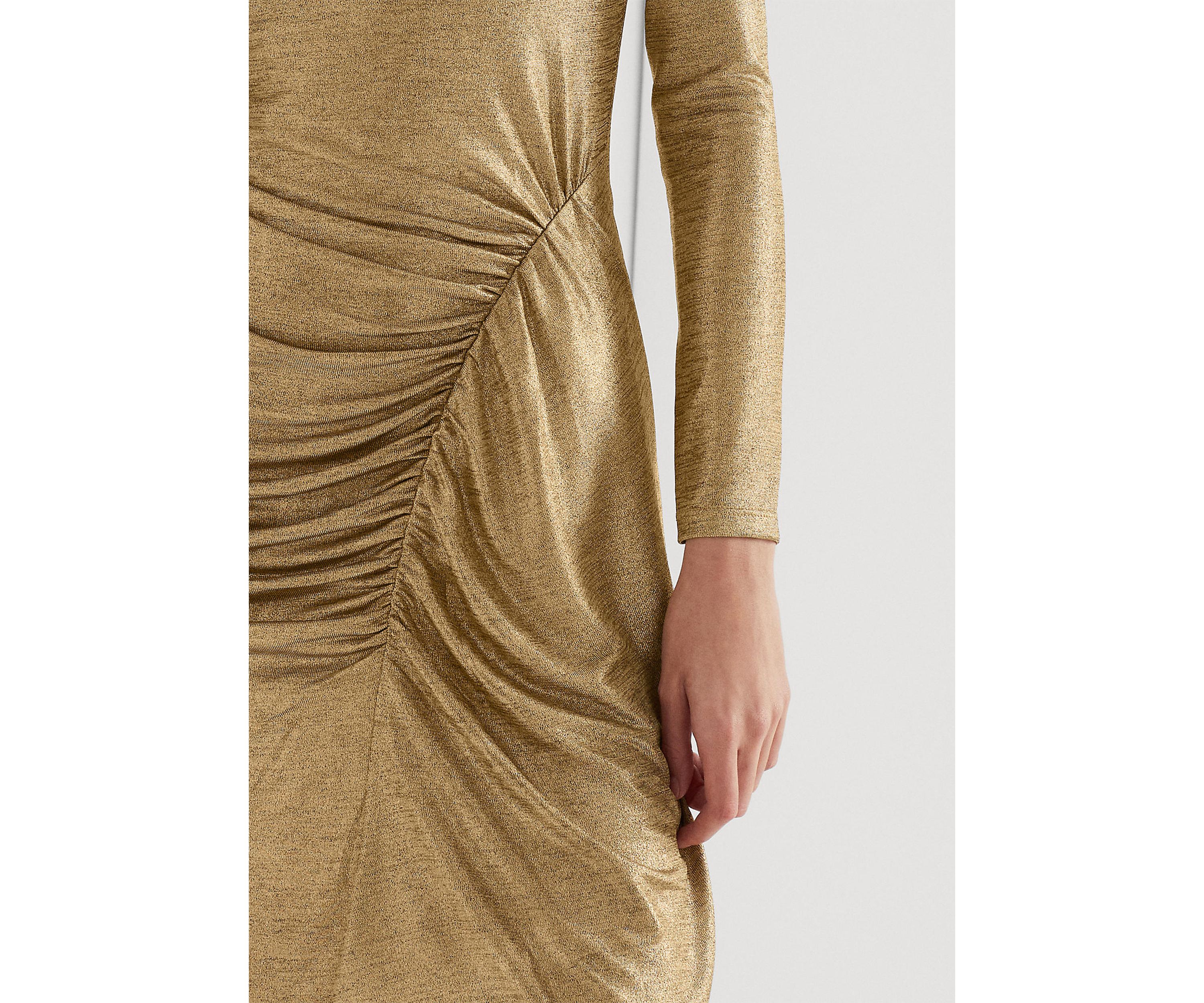 Long Sleeve Side Ruch Solid Foil Jersey Sheath Dress