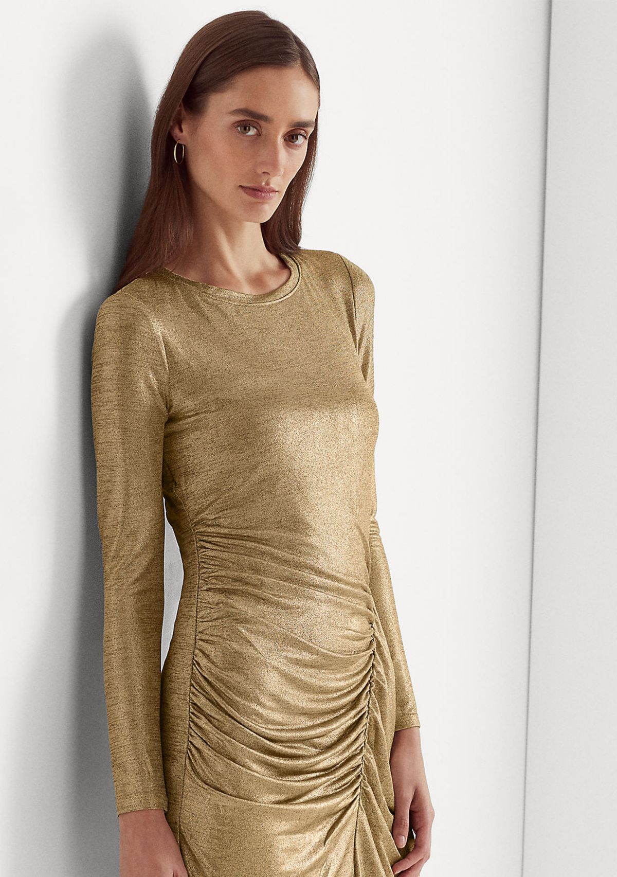 Long Sleeve Side Ruch Solid Foil Jersey Sheath Dress
