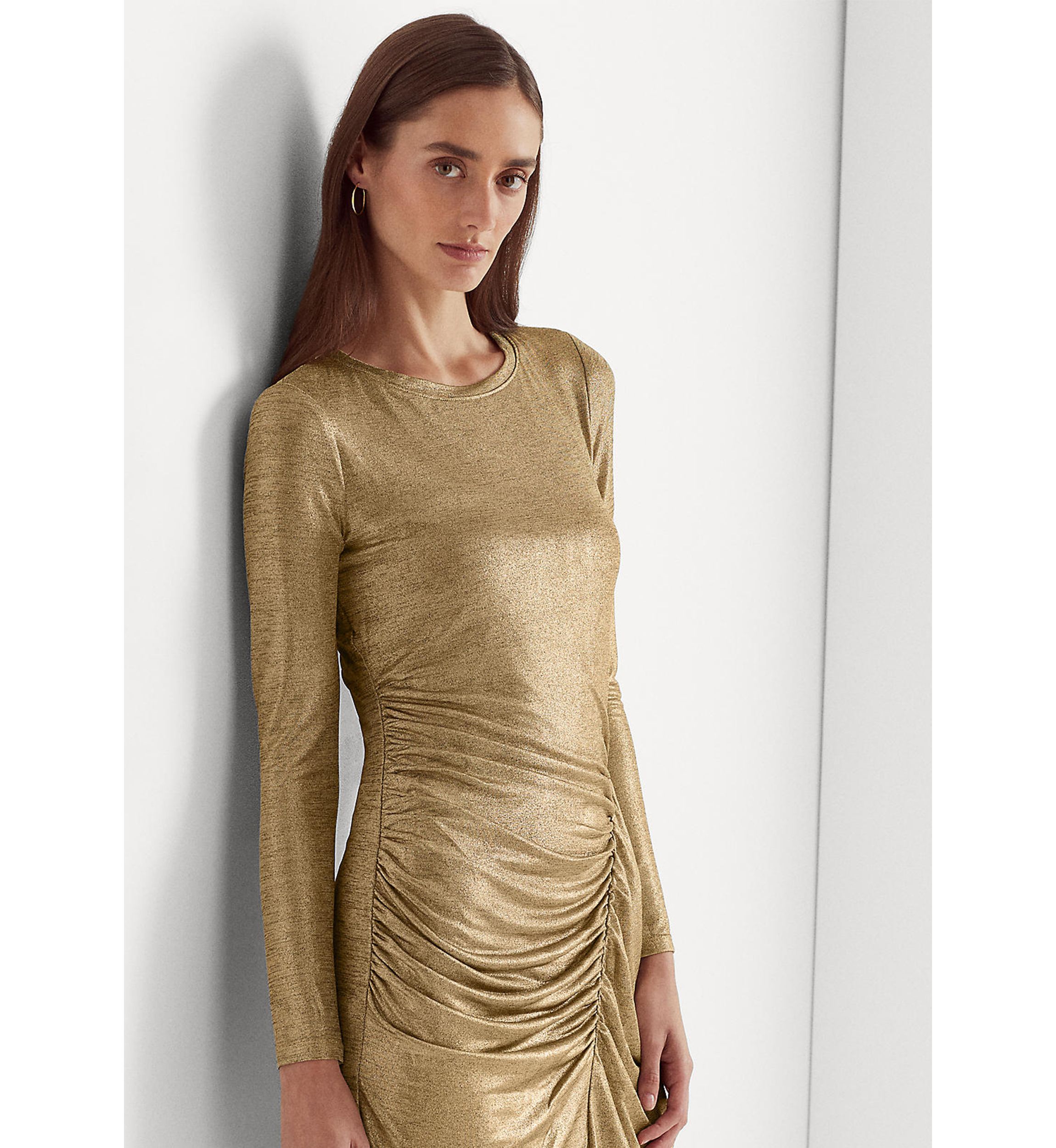 Long Sleeve Side Ruch Solid Foil Jersey Sheath Dress