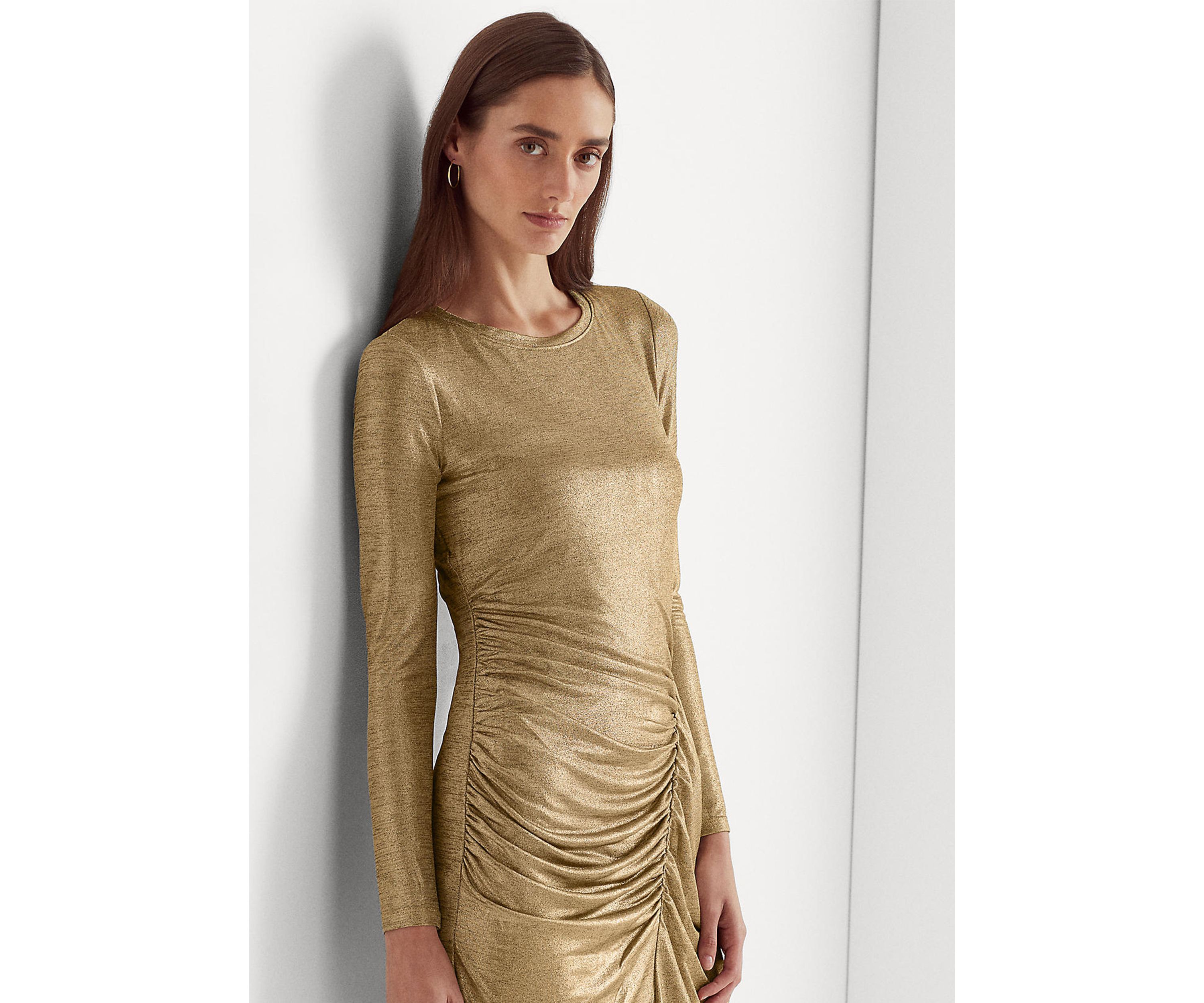 Long Sleeve Side Ruch Solid Foil Jersey Sheath Dress