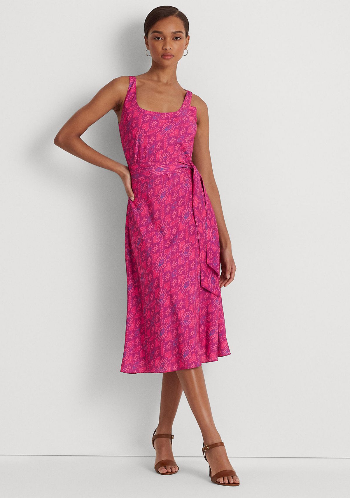 Geo Print Belted Crepe Midi Dress