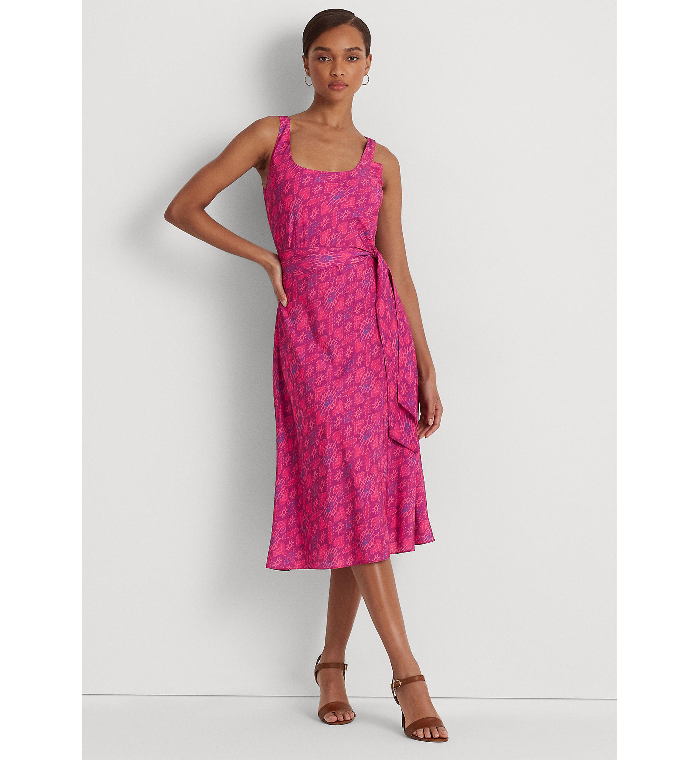 Geo Print Belted Crepe Midi Dress