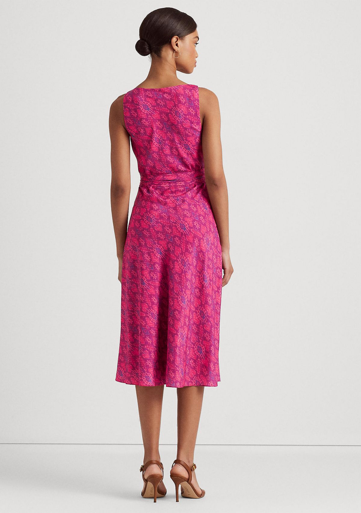Geo Print Belted Crepe Midi Dress