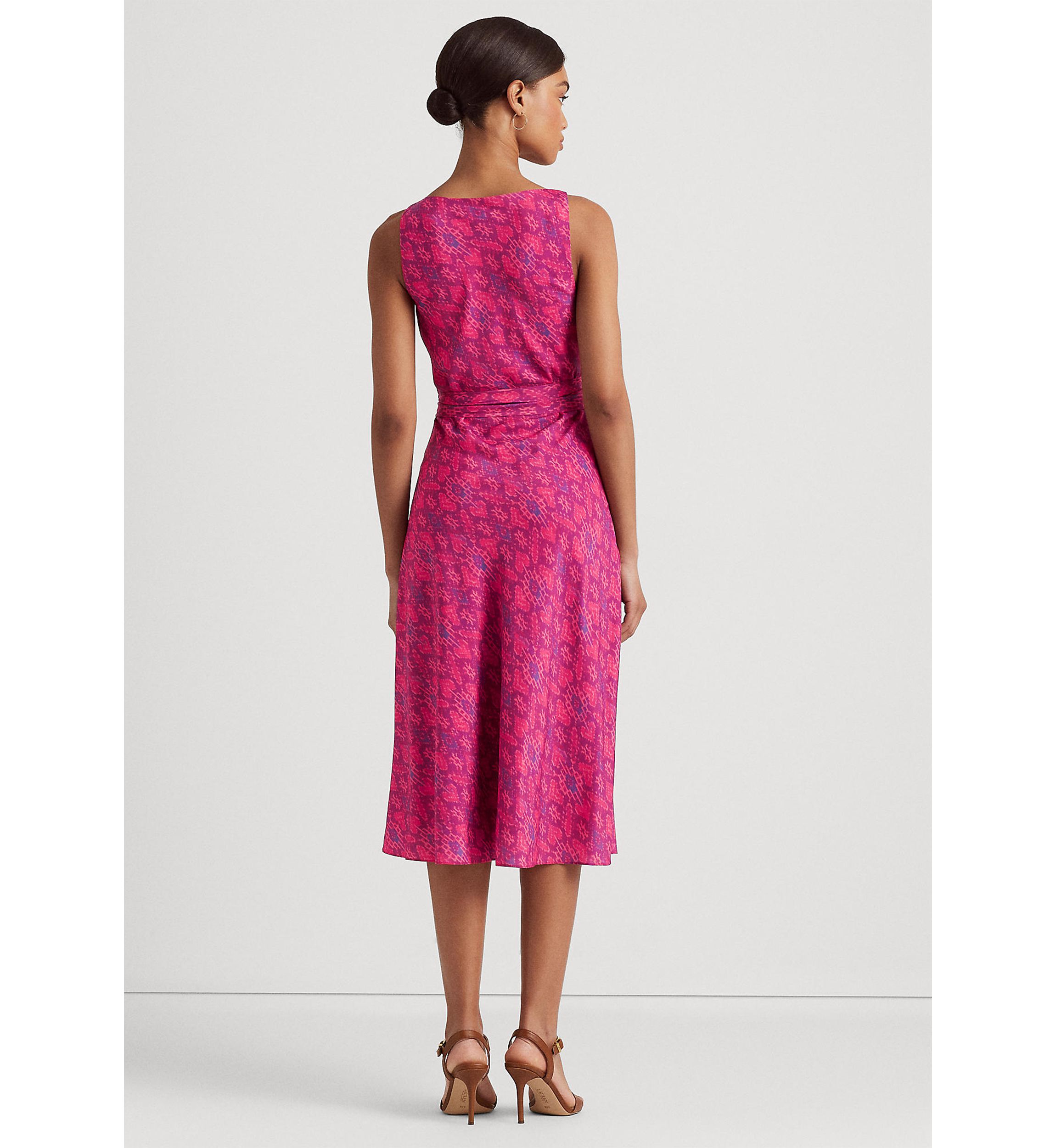 Geo Print Belted Crepe Midi Dress