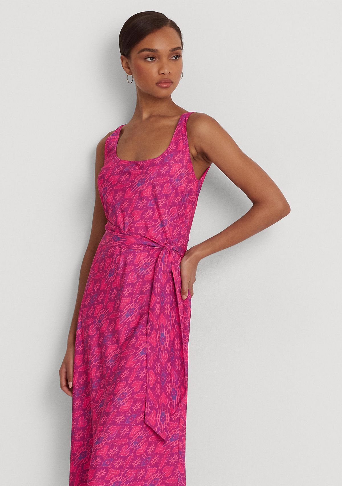 Geo Print Belted Crepe Midi Dress