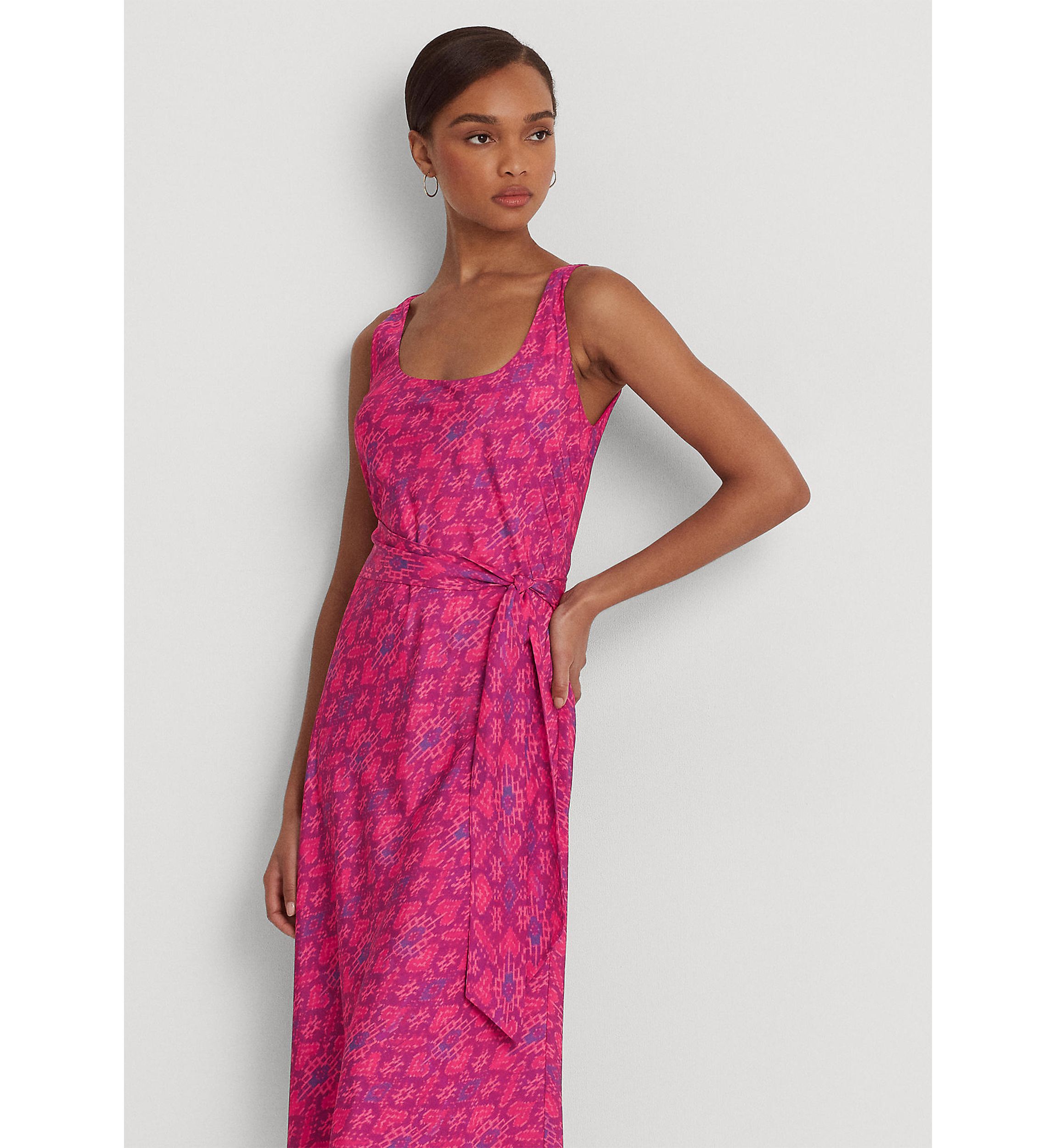 Geo Print Belted Crepe Midi Dress