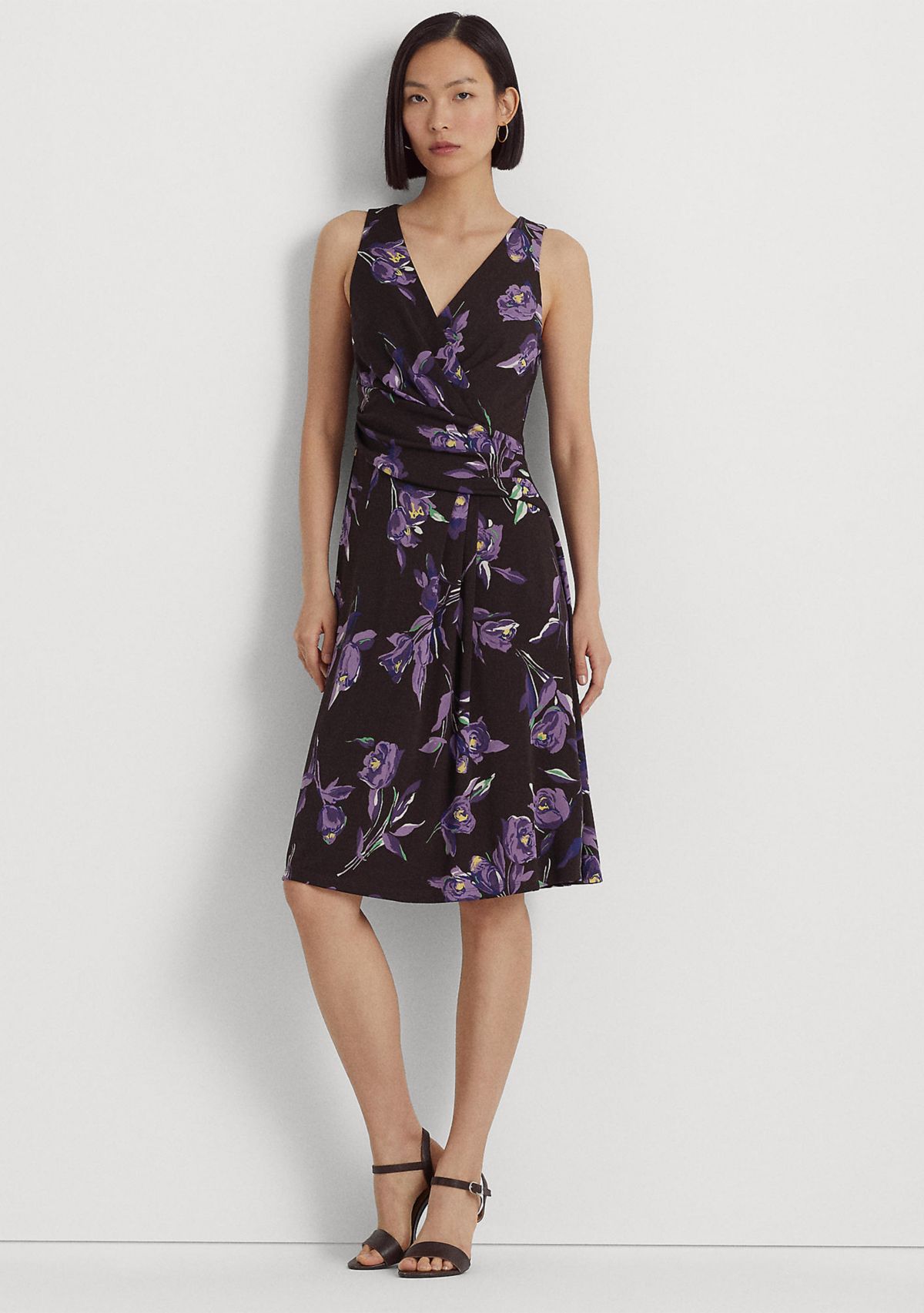 Womens Floral Surplice Jersey Sleeveless Dress