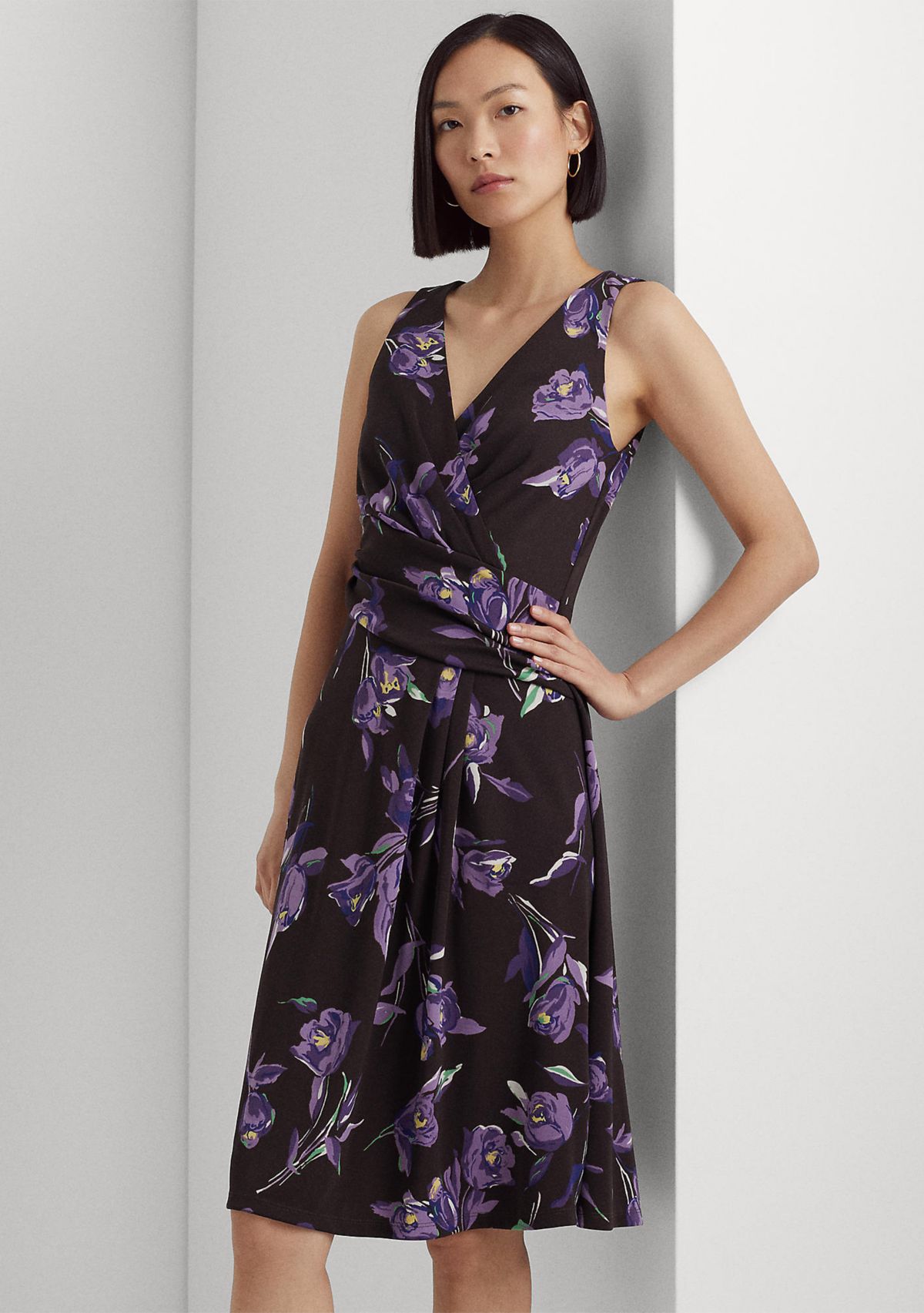 Womens Floral Surplice Jersey Sleeveless Dress