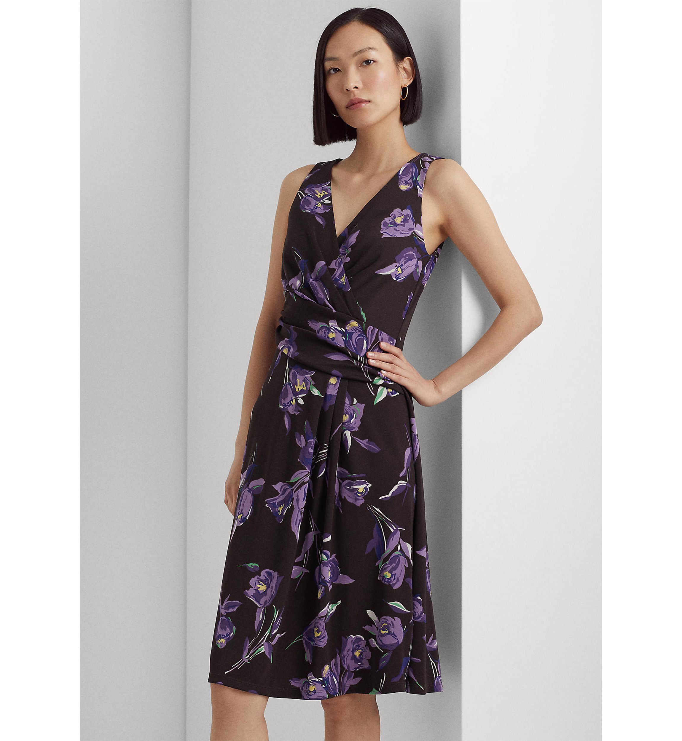 Womens Floral Surplice Jersey Sleeveless Dress