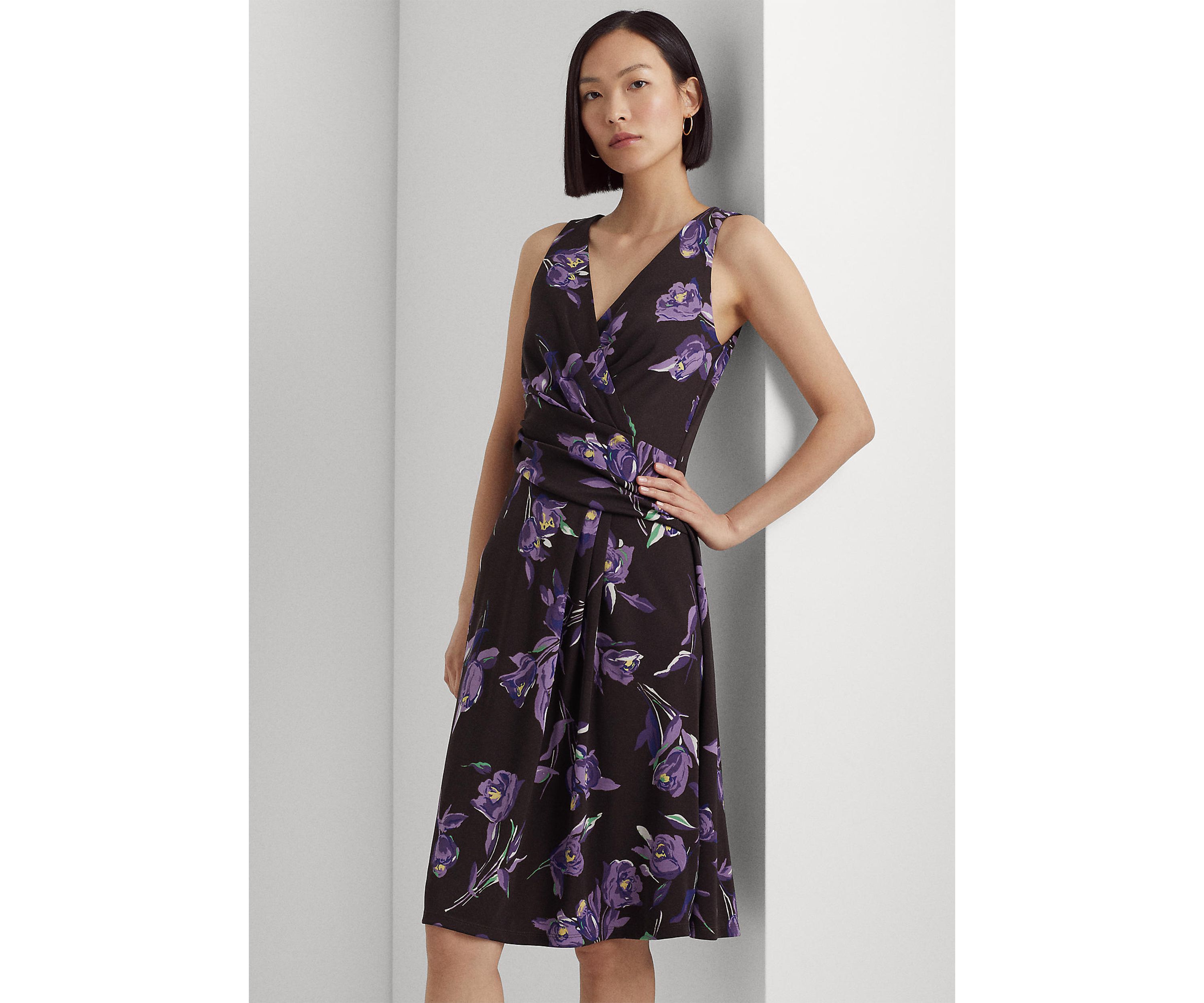 Womens Floral Surplice Jersey Sleeveless Dress