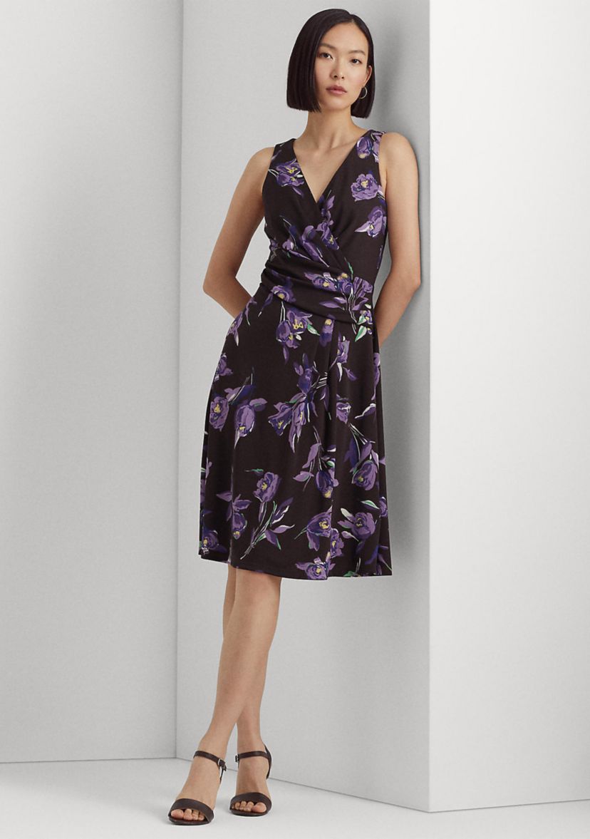 Womens Floral Surplice Jersey Sleeveless Dress