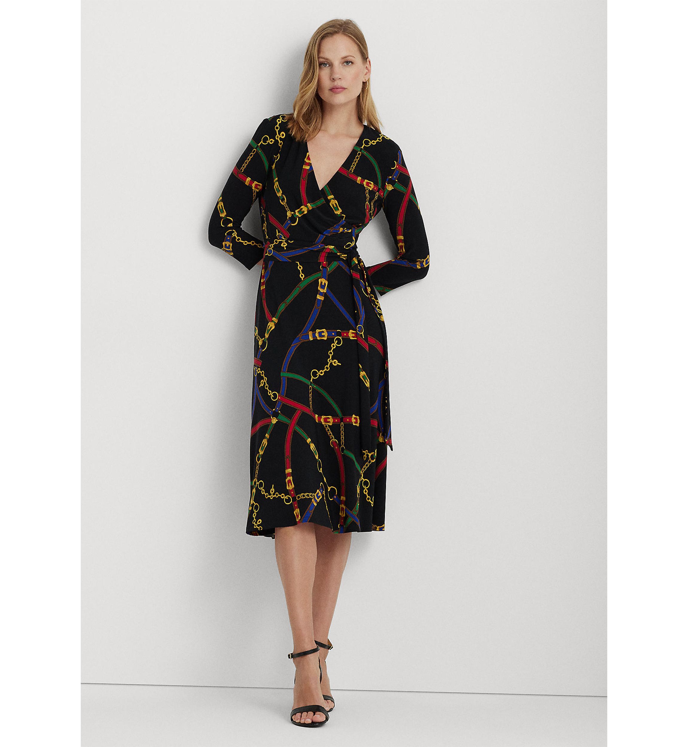 Belting-Print Surplice Jersey Dress