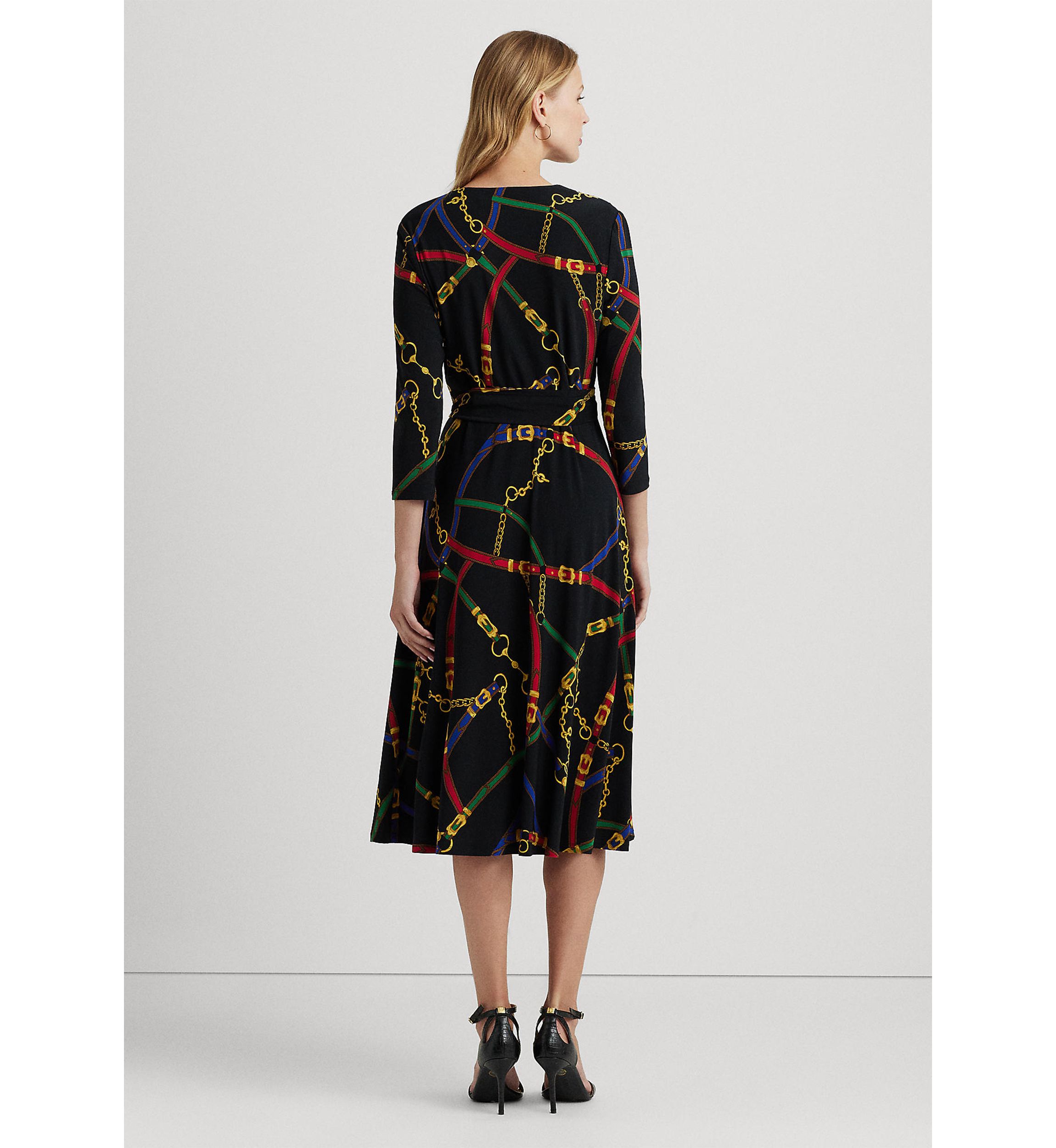 Belting-Print Surplice Jersey Dress