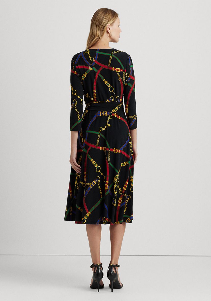 Belting-Print Surplice Jersey Dress