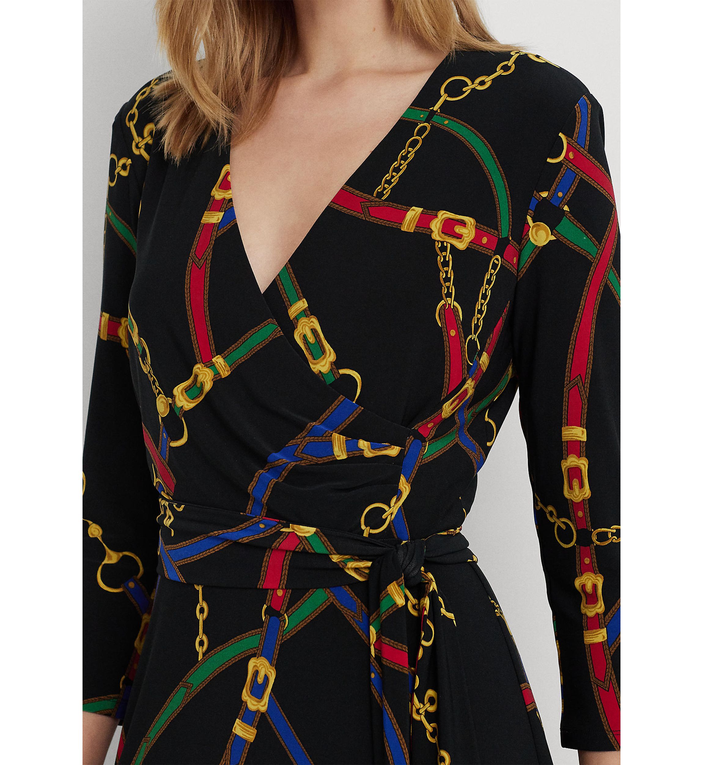 Belting-Print Surplice Jersey Dress