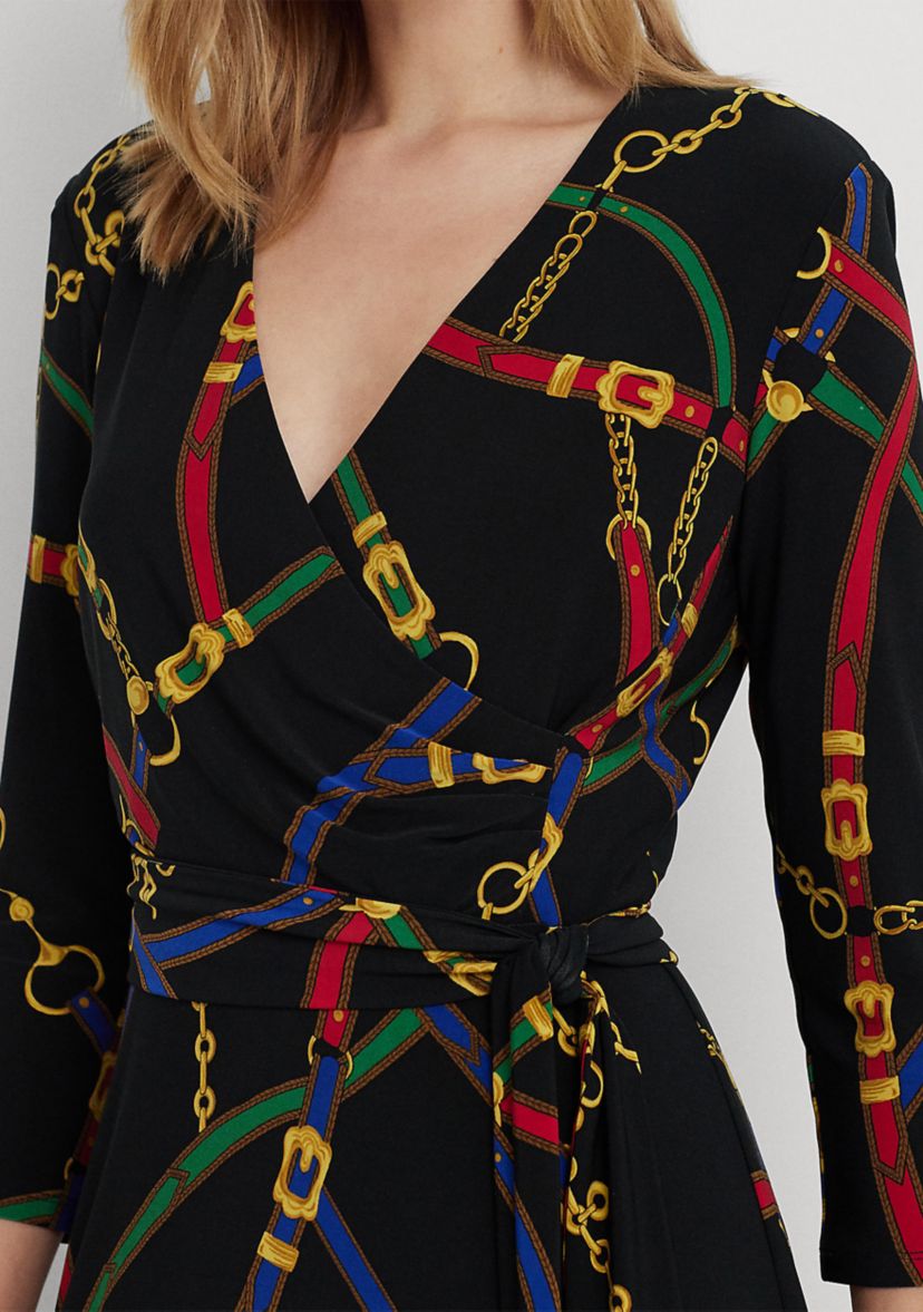 Belting-Print Surplice Jersey Dress