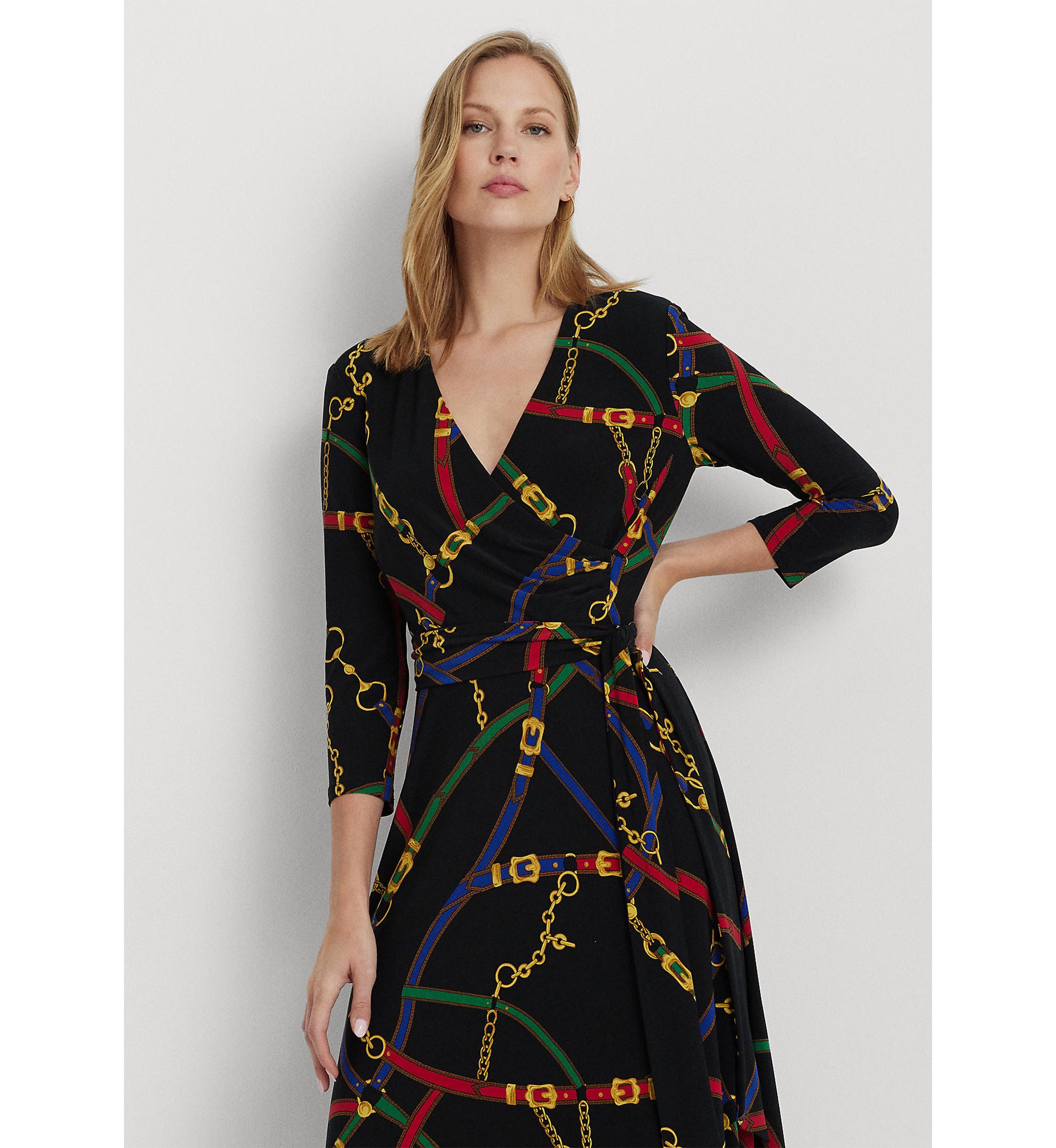 Belting-Print Surplice Jersey Dress