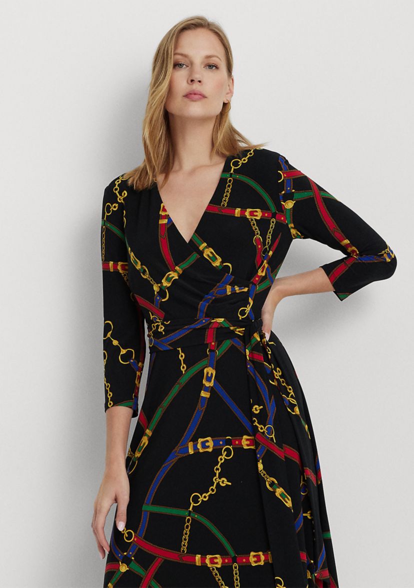 Belting-Print Surplice Jersey Dress