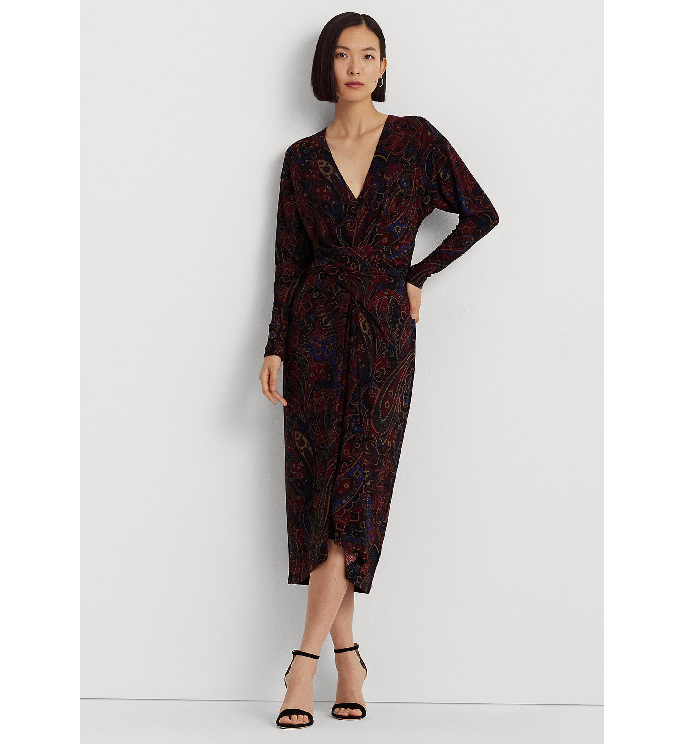 Checked Paisley Twist-Front Jersey Dress