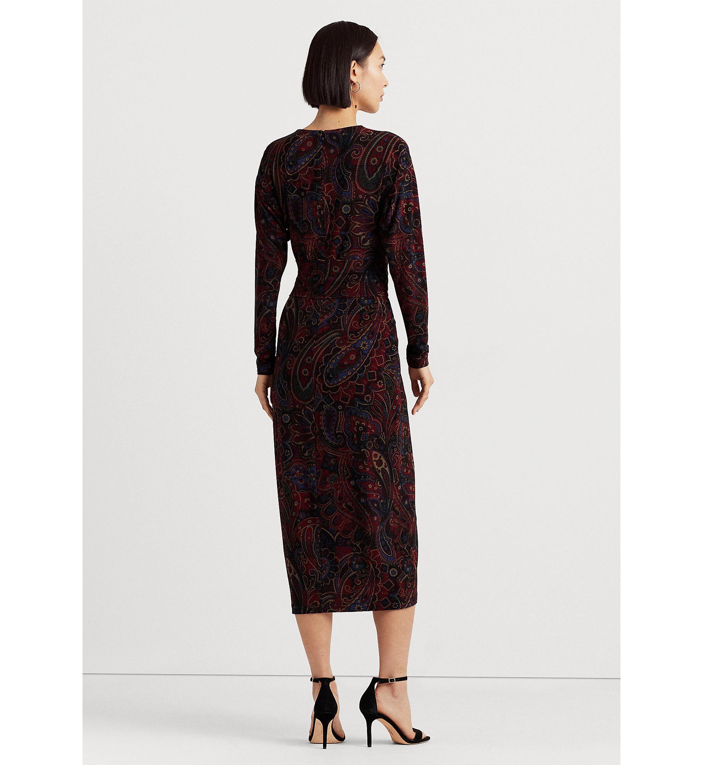 Checked Paisley Twist-Front Jersey Dress