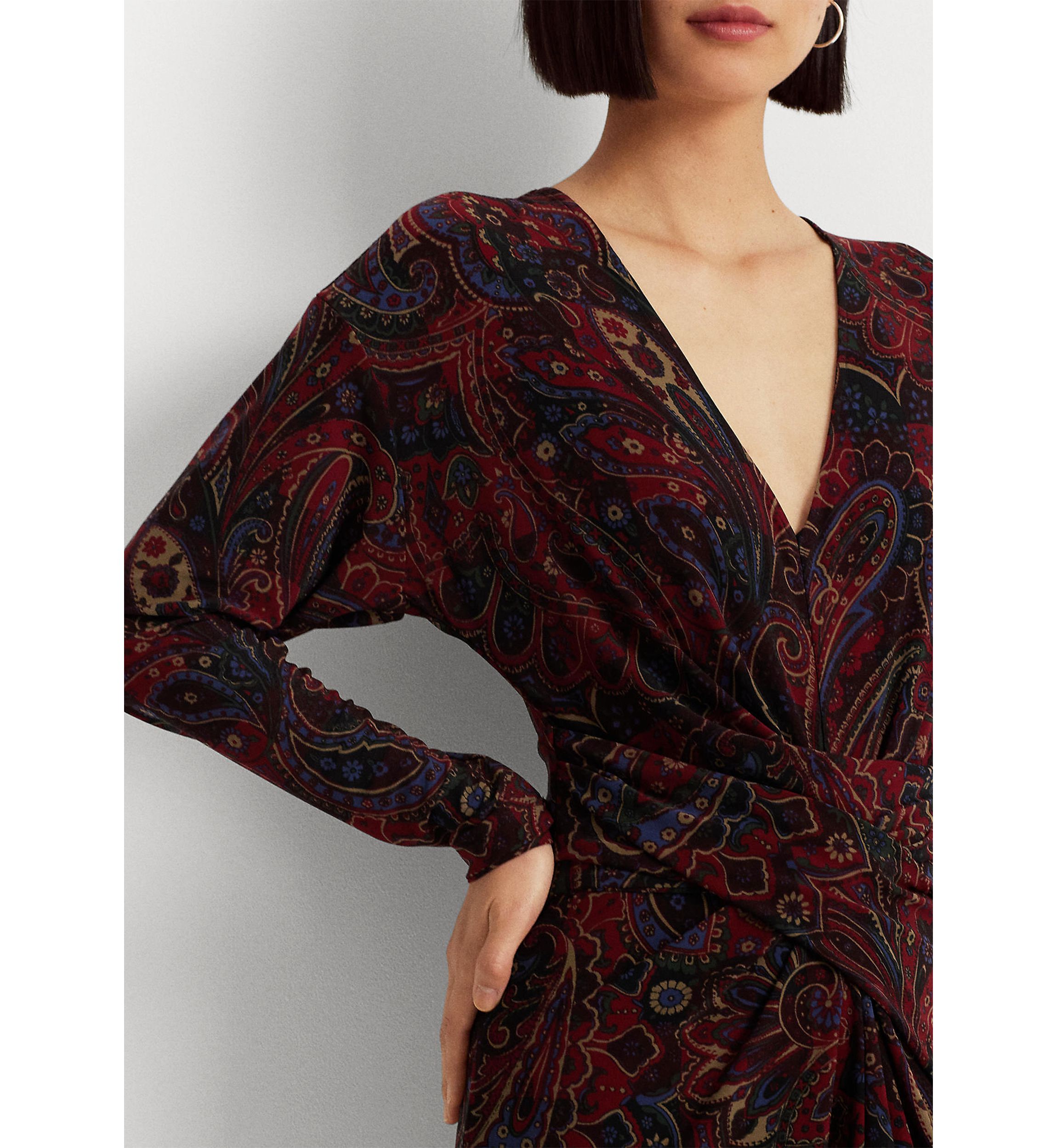 Checked Paisley Twist-Front Jersey Dress