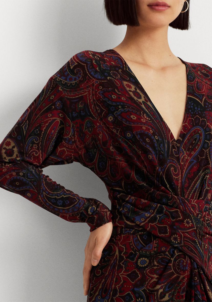 Checked Paisley Twist-Front Jersey Dress