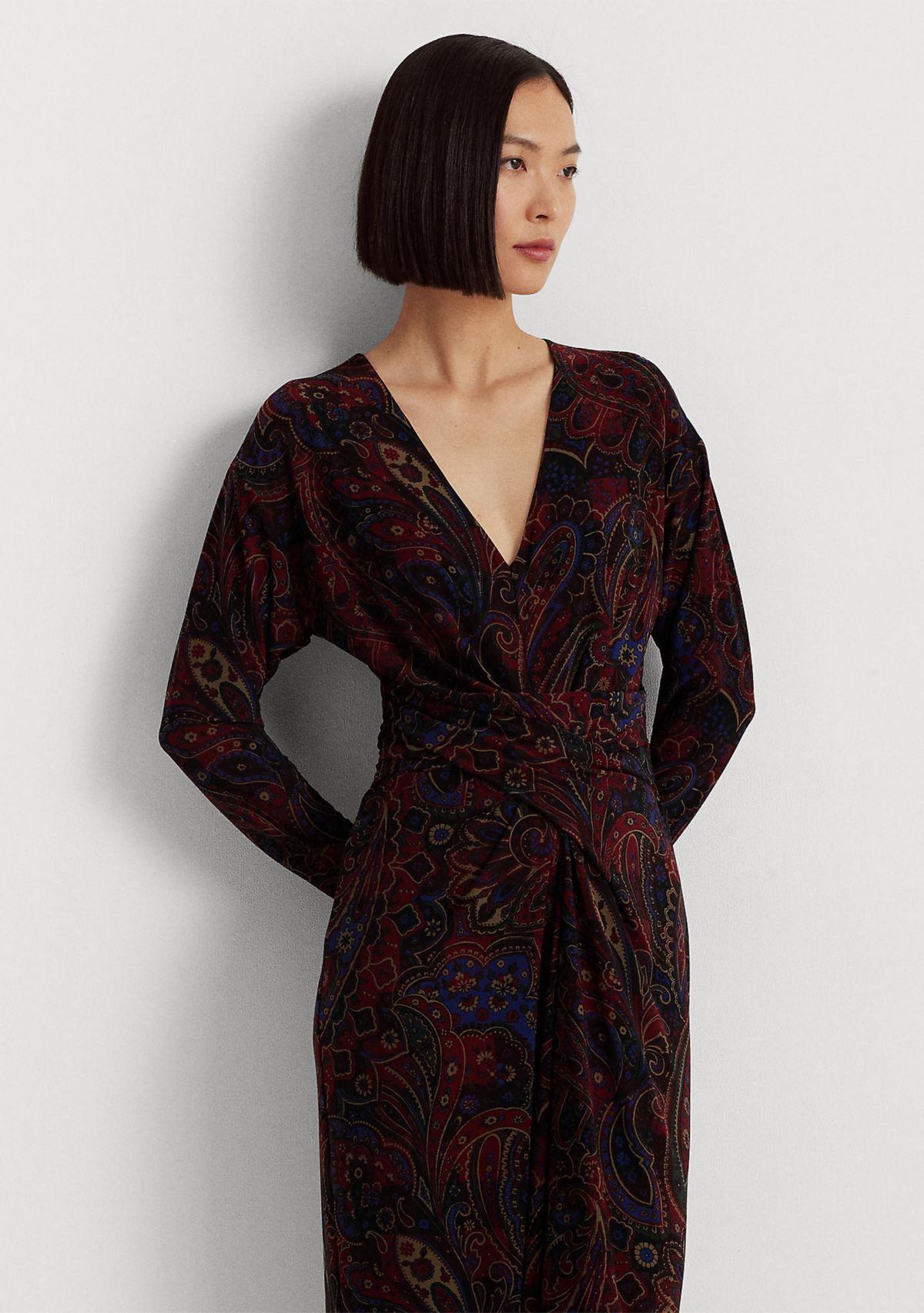 Checked Paisley Twist-Front Jersey Dress