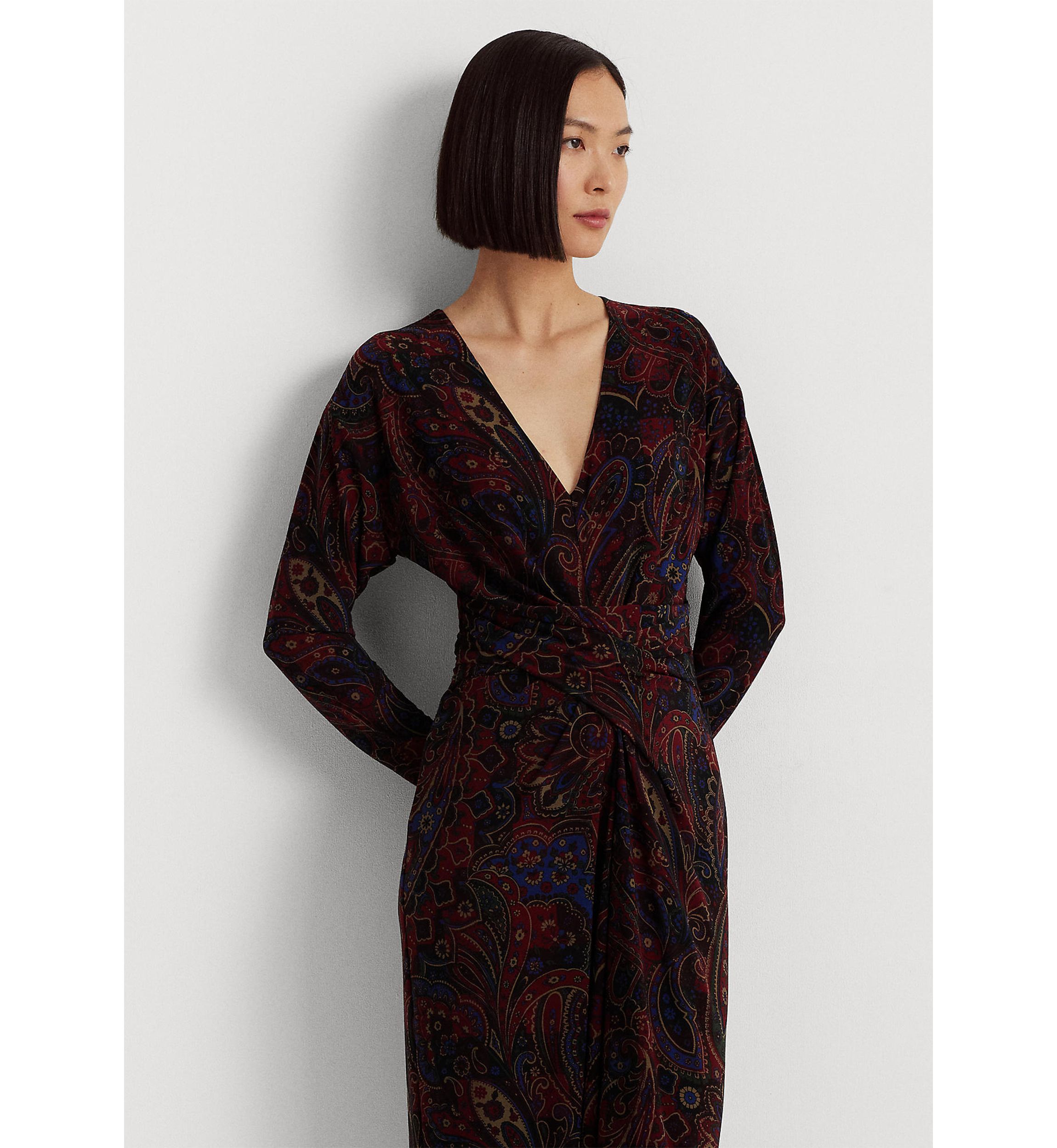 Checked Paisley Twist-Front Jersey Dress