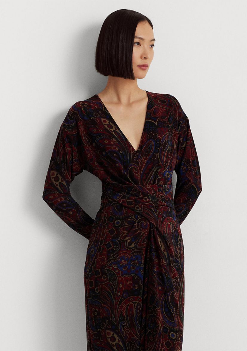 Checked Paisley Twist-Front Jersey Dress