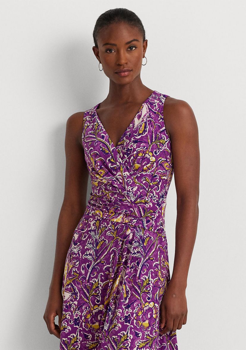 Print Surplice Jersey Sleeveless Dress