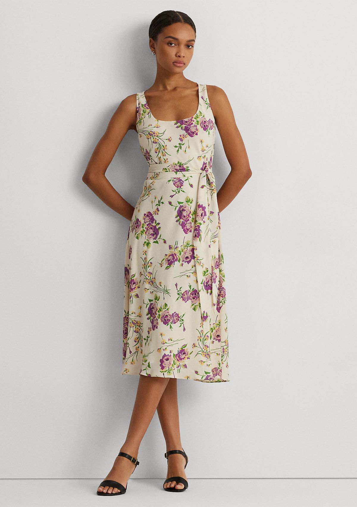 Floral Belted Crepe Sleeveless Dress