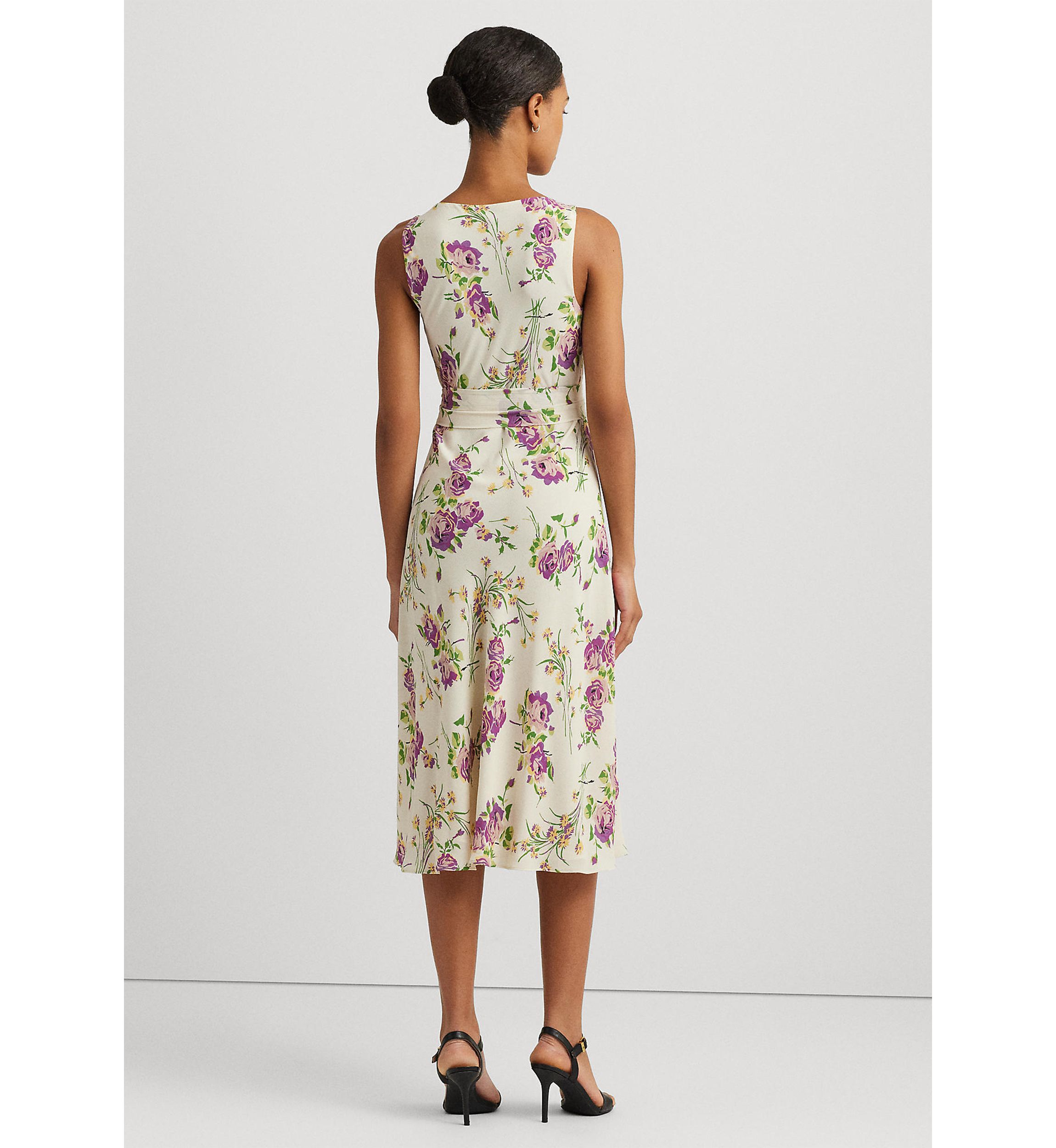 Floral Belted Crepe Sleeveless Dress