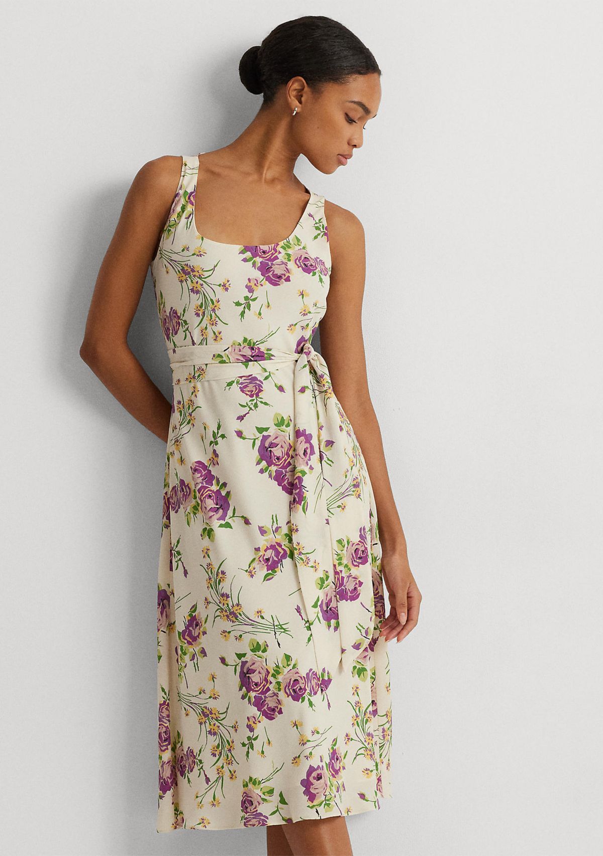 Floral Belted Crepe Sleeveless Dress