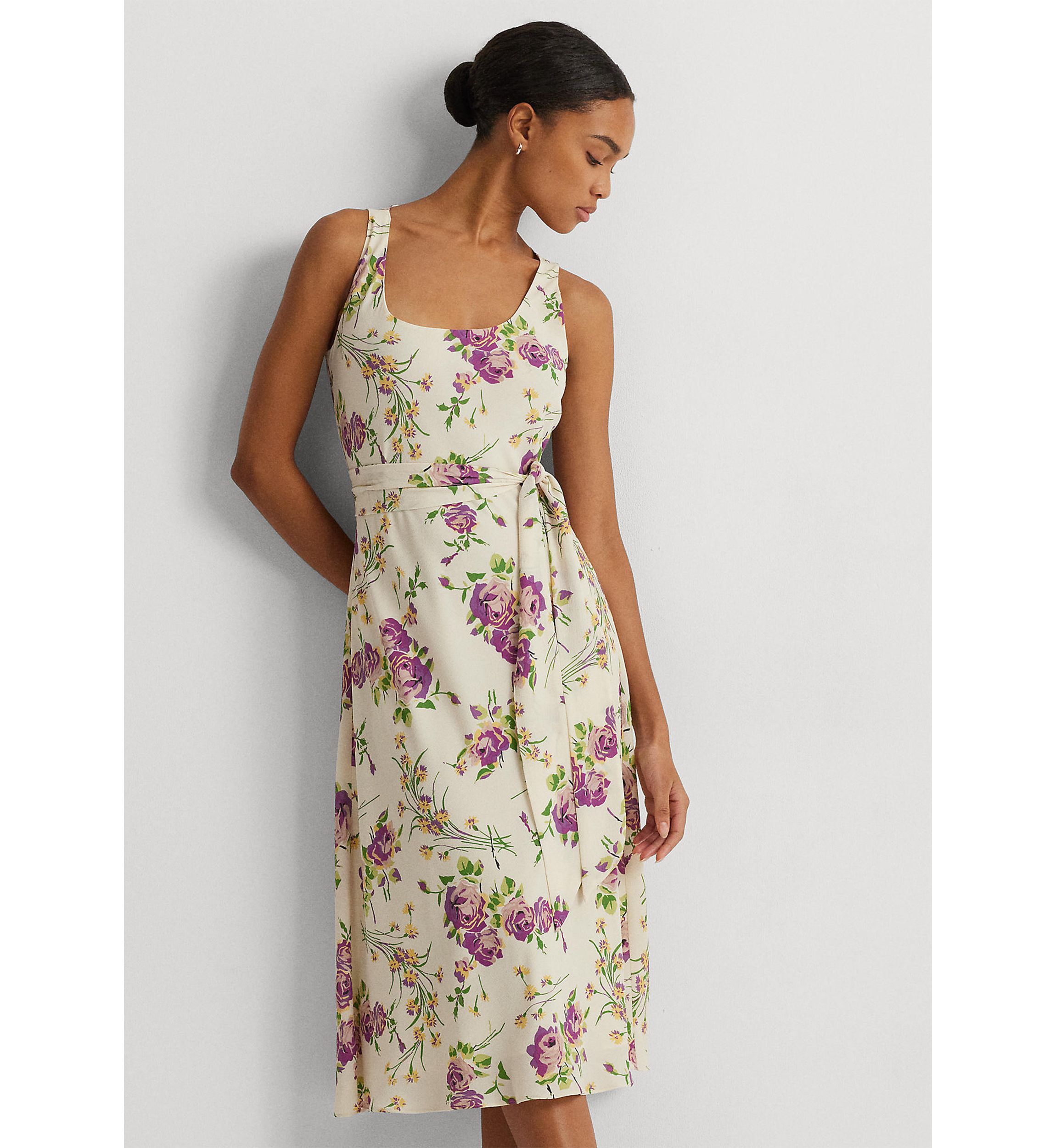 Floral Belted Crepe Sleeveless Dress