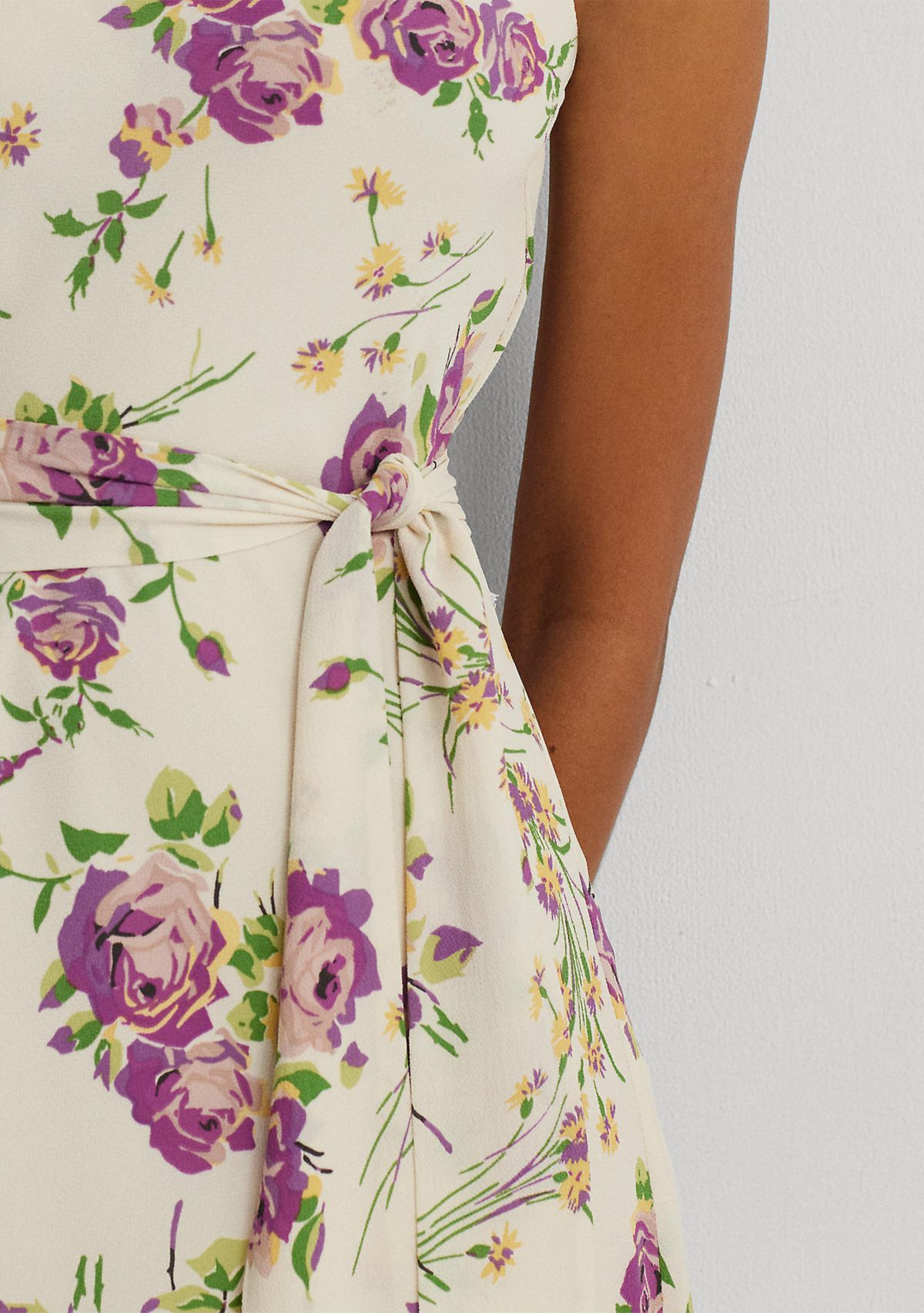 Floral Belted Crepe Sleeveless Dress
