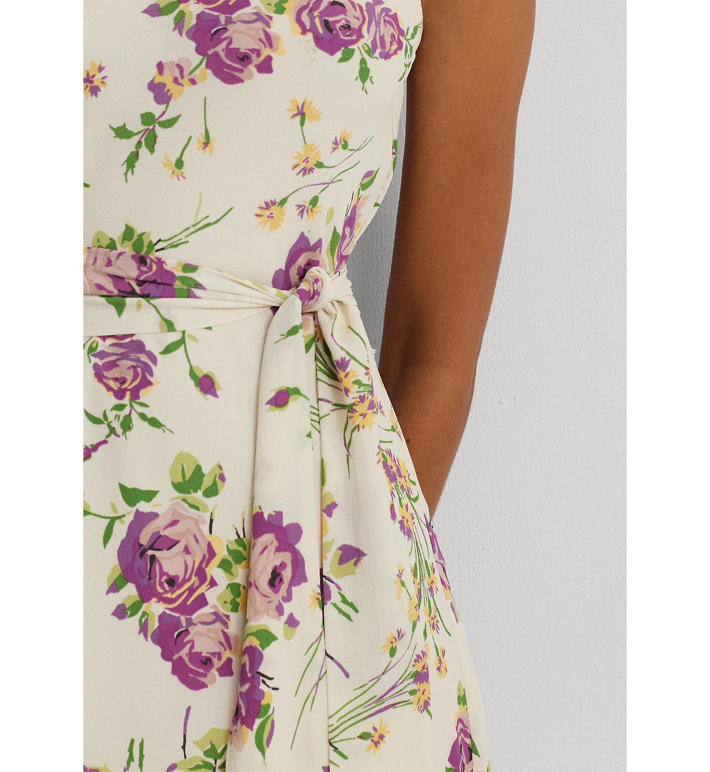Floral Belted Crepe Sleeveless Dress