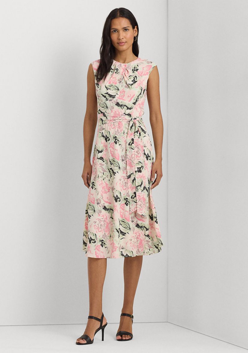 Womens Floral Bubble Crepe Cap-Sleeve Dress