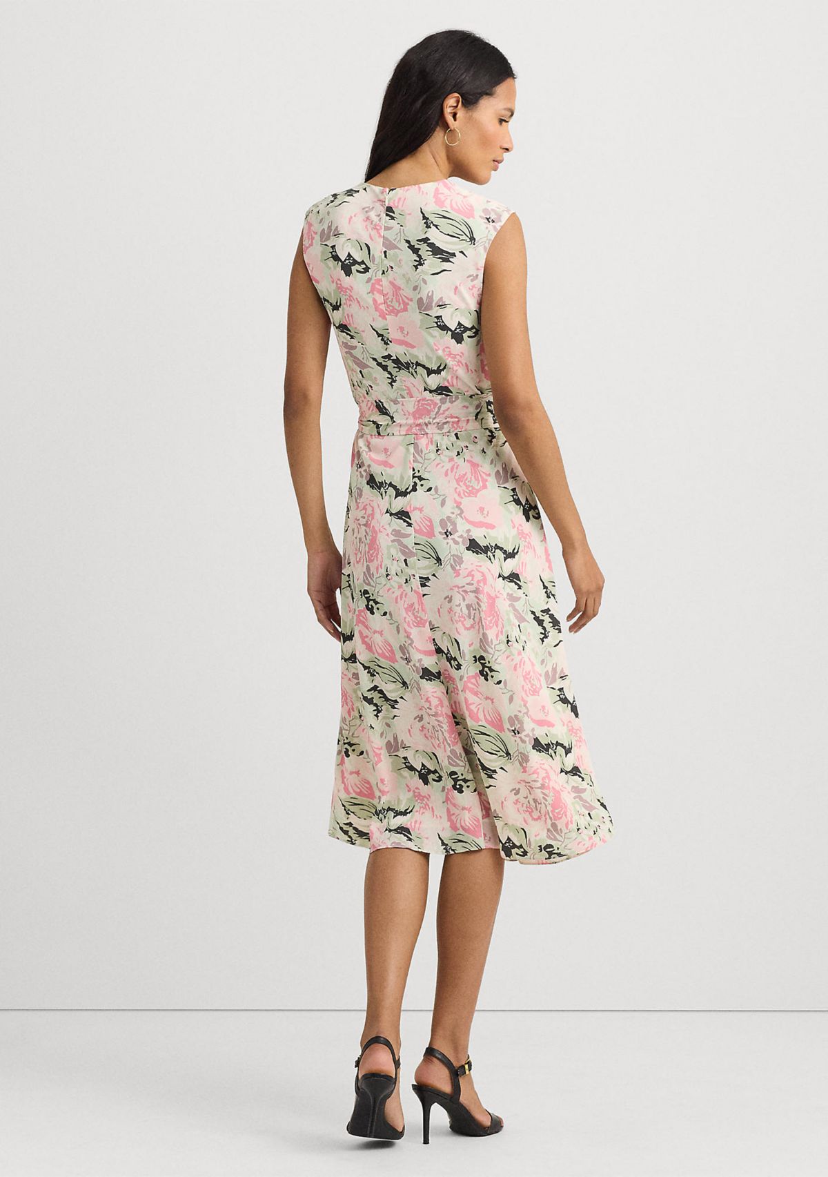 Womens Floral Bubble Crepe Cap-Sleeve Dress
