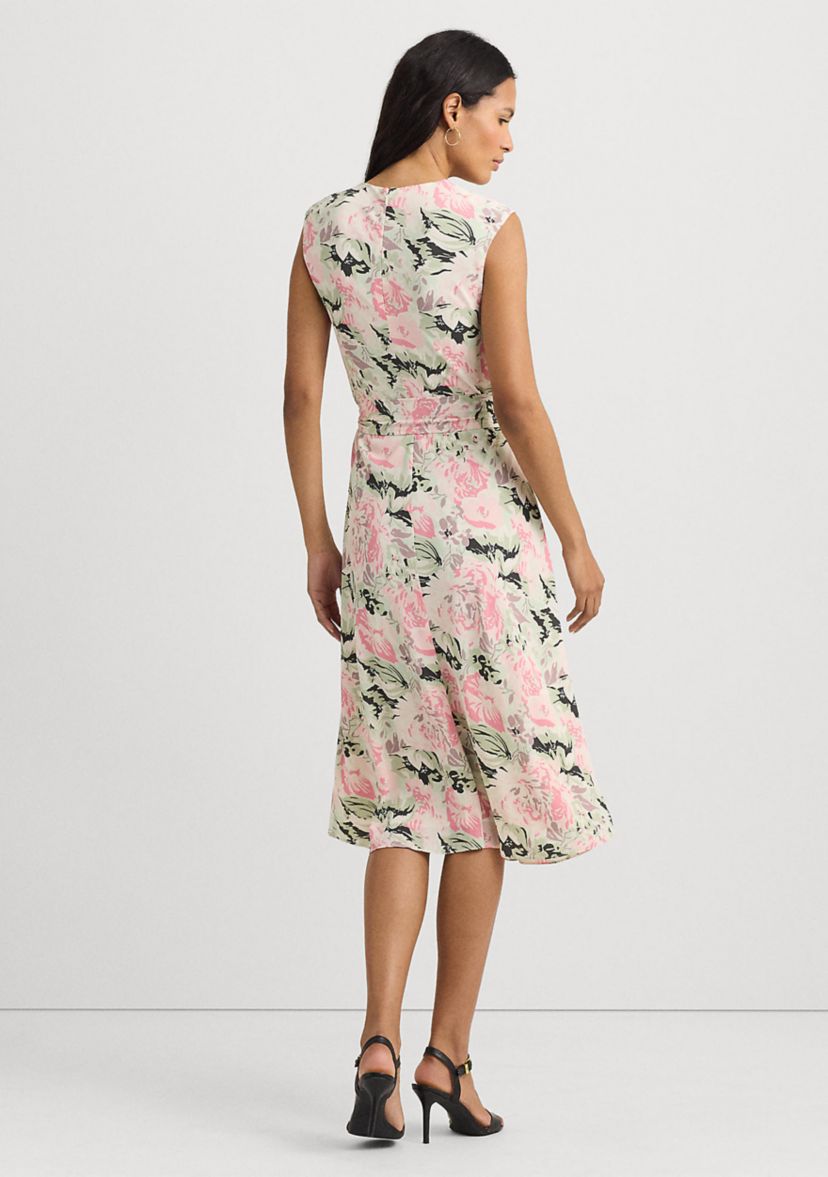 Womens Floral Bubble Crepe Cap-Sleeve Dress