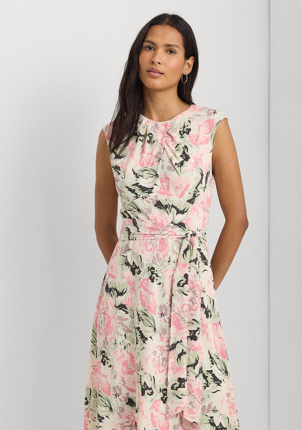 Womens Floral Bubble Crepe Cap-Sleeve Dress