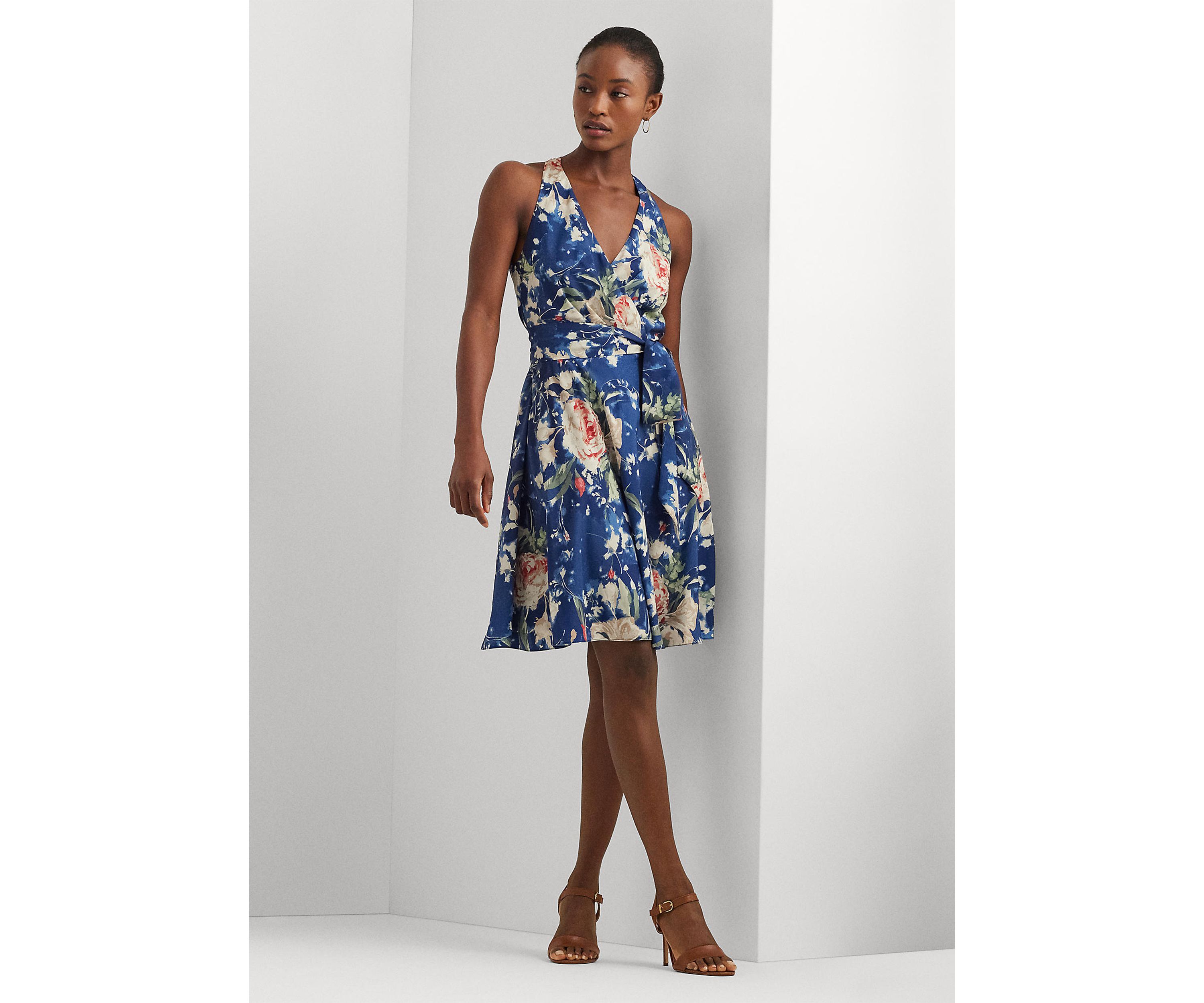 Floral Belted Crepe Sleeveless Dress