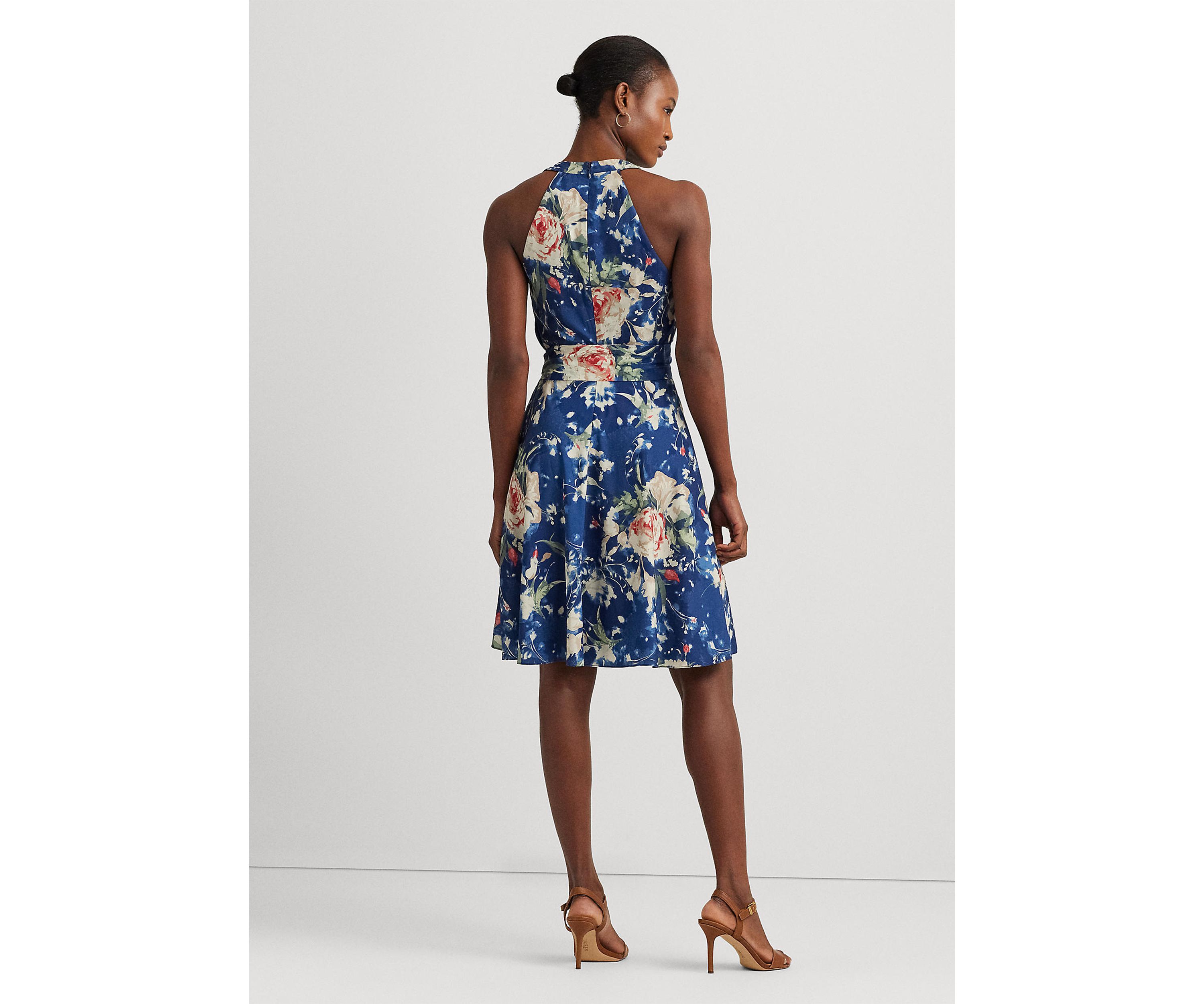 Floral Belted Crepe Sleeveless Dress