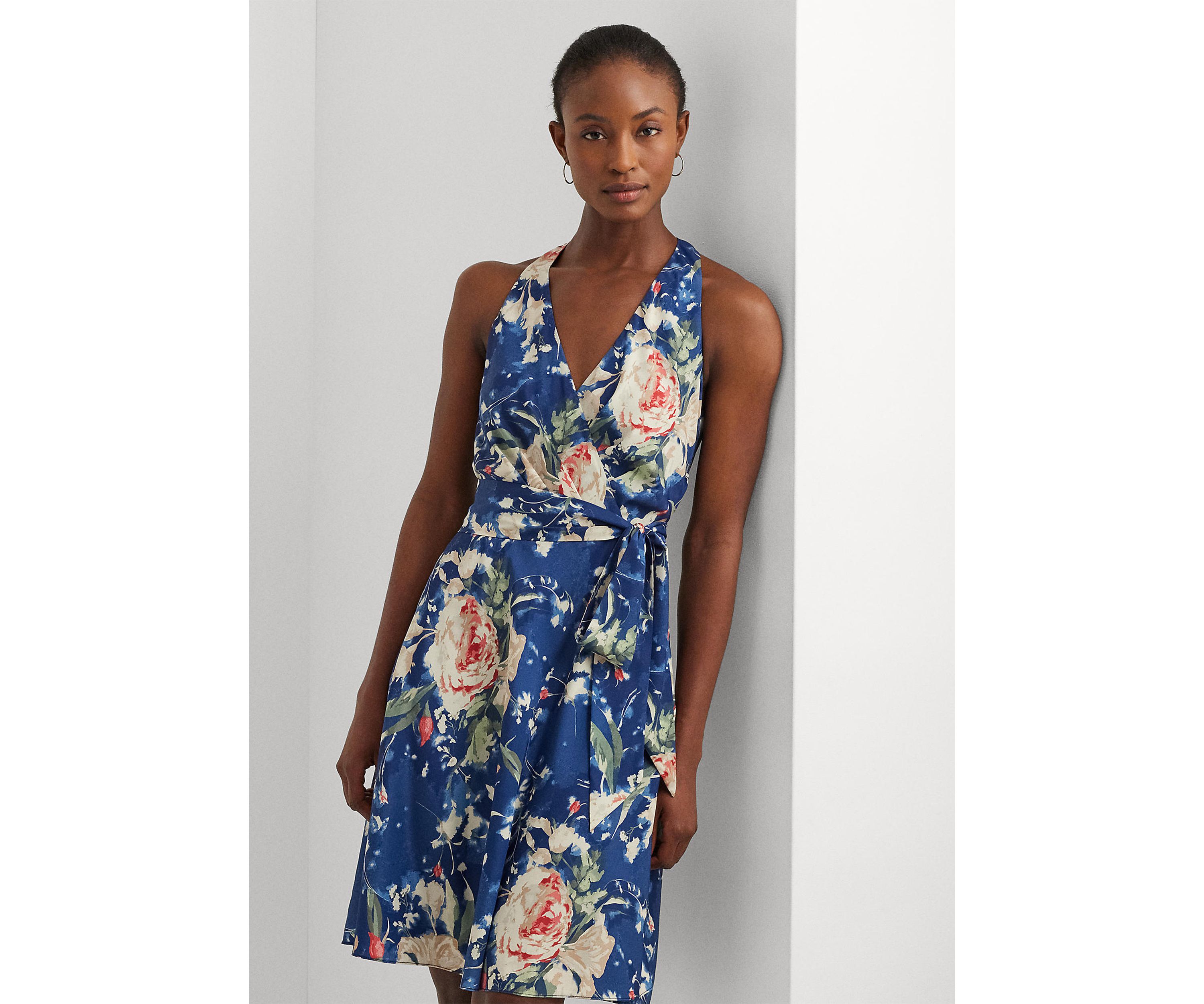 Floral Belted Crepe Sleeveless Dress