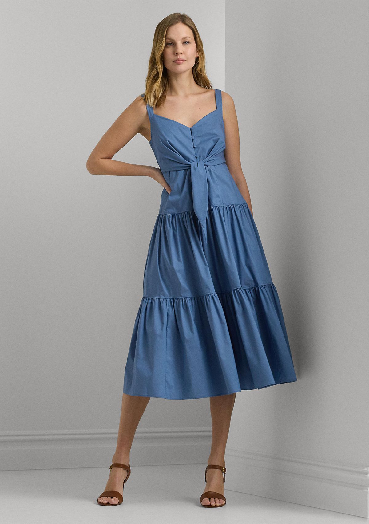 Cotton Blend Tie Front Tiered Dress